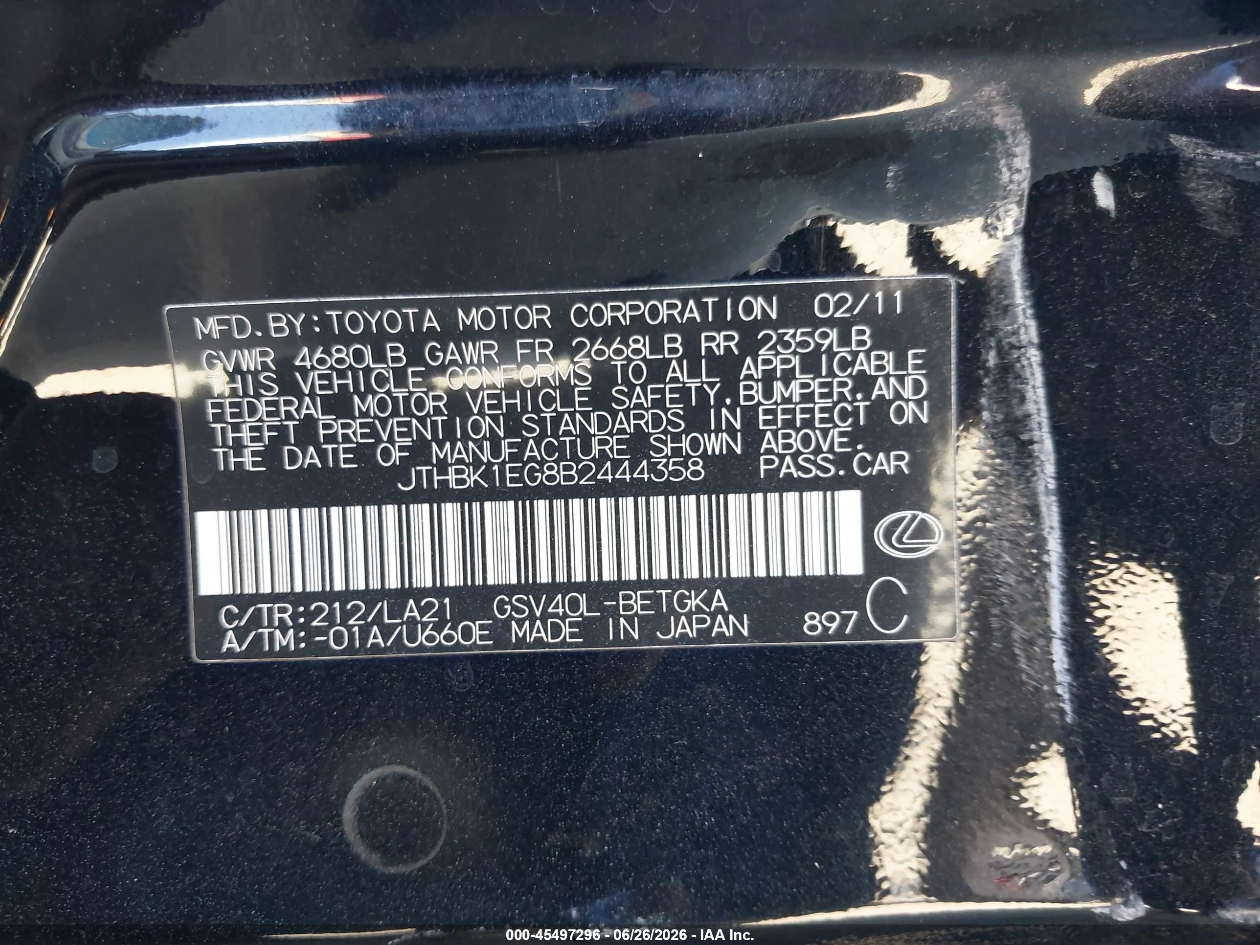 2011 Lexus Es 350   Black vin: JTHBK1EG8B2444358