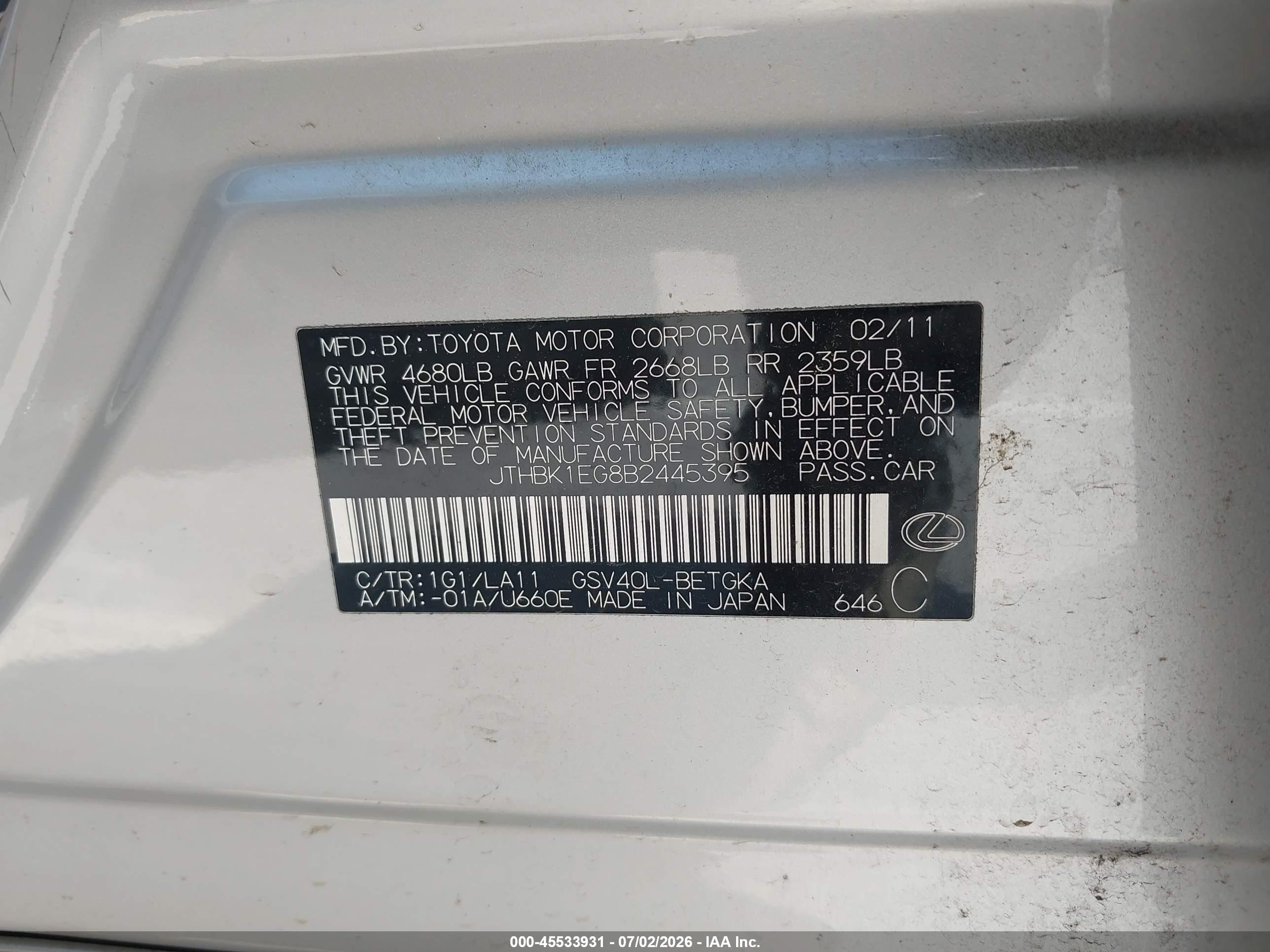 2011 Lexus Es 350   Silver vin: JTHBK1EG8B2445395