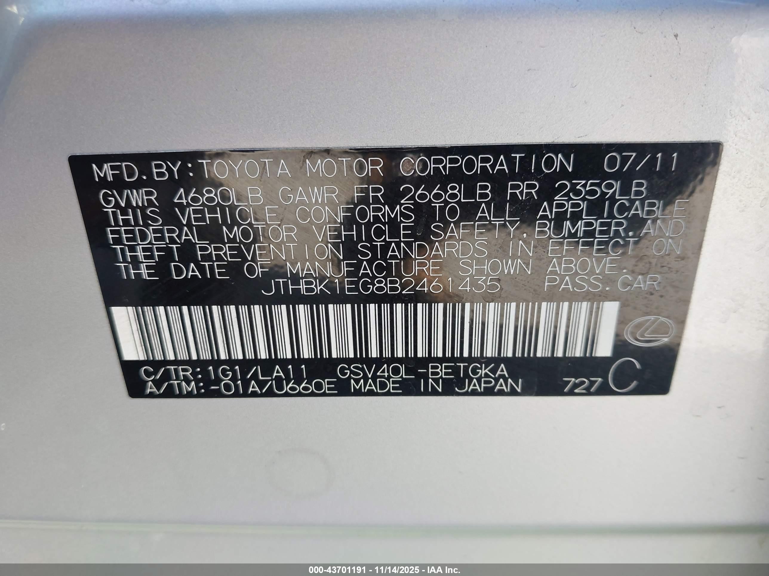 2011 Lexus Es 350   Silver vin: JTHBK1EG8B2461435