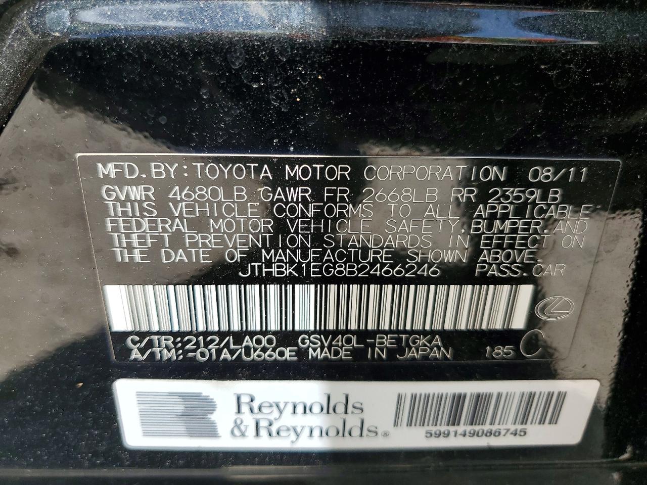 2011 Lexus Es 350 Black vin: JTHBK1EG8B2466246