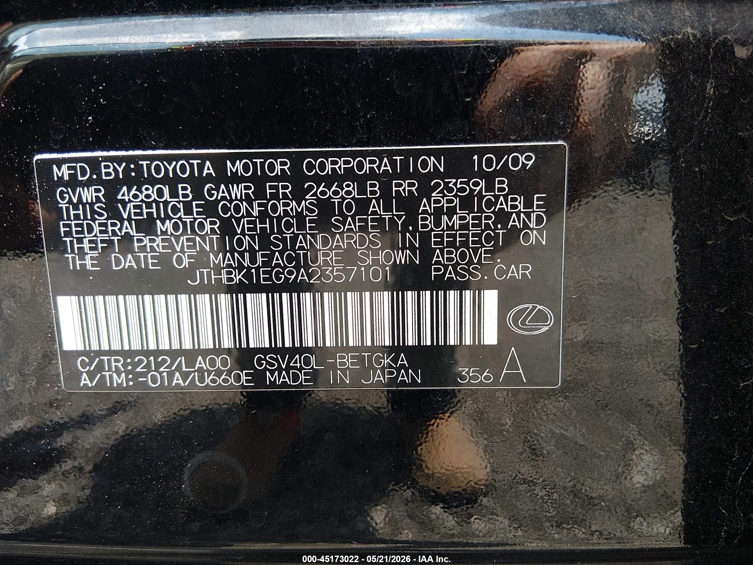 2010 Lexus Es 350 Black vin: JTHBK1EG9A2357101