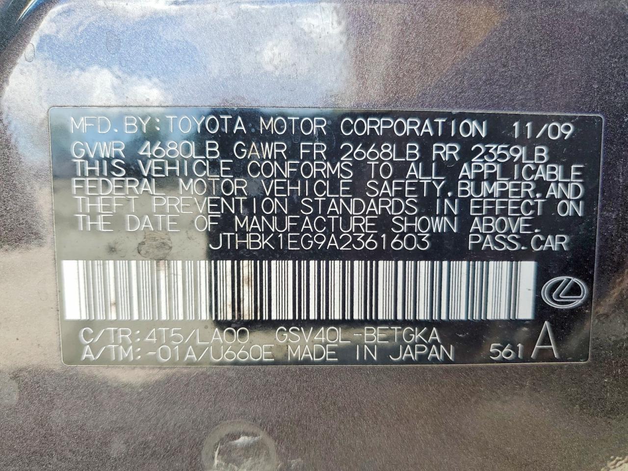 2010 Lexus Es 350 Gray vin: JTHBK1EG9A2361603