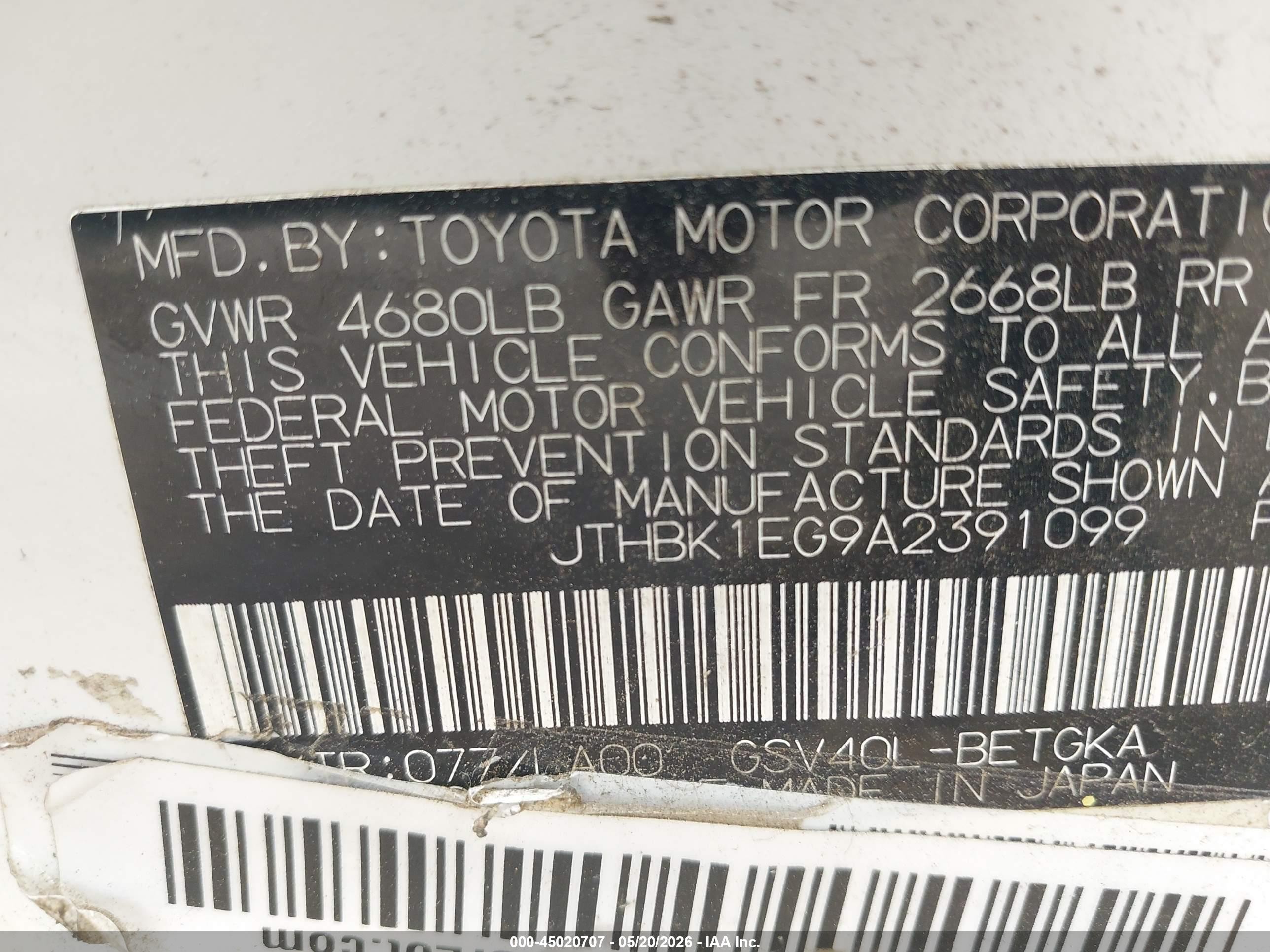 2010 Lexus Es 350 White vin: JTHBK1EG9A2391099