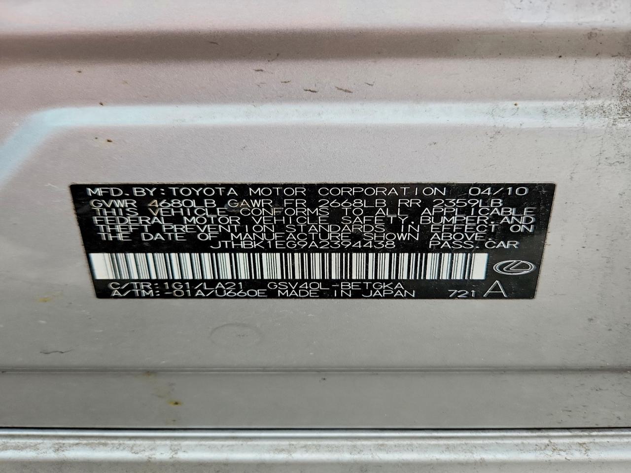 2010 Lexus Es 350 Silver vin: JTHBK1EG9A2394438