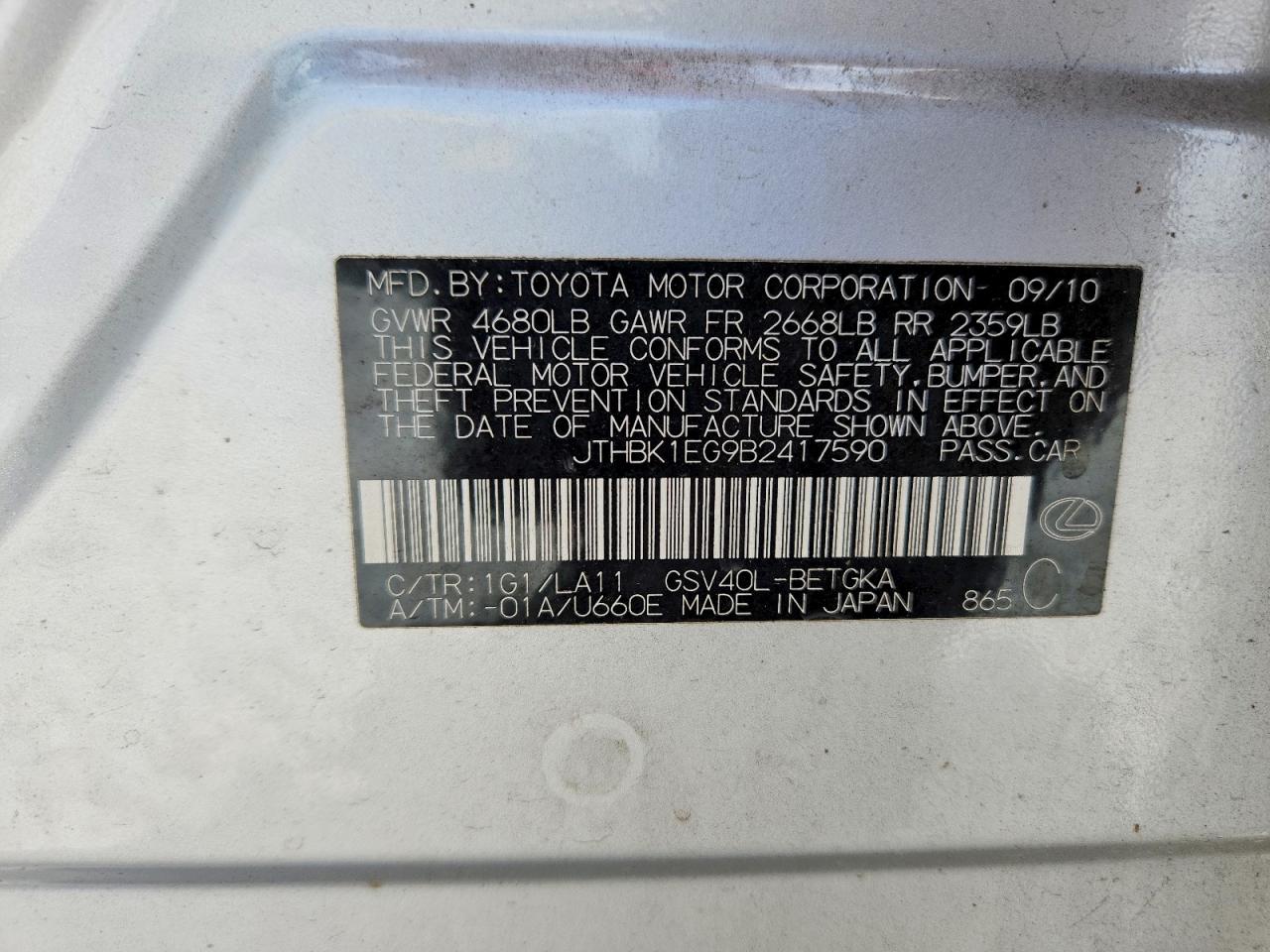 2011 Lexus Es 350 Silver vin: JTHBK1EG9B2417590