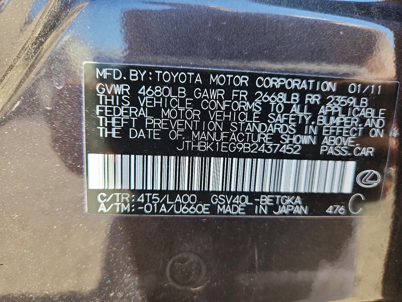 2011 Lexus Es 350 Black vin: JTHBK1EG9B2437452