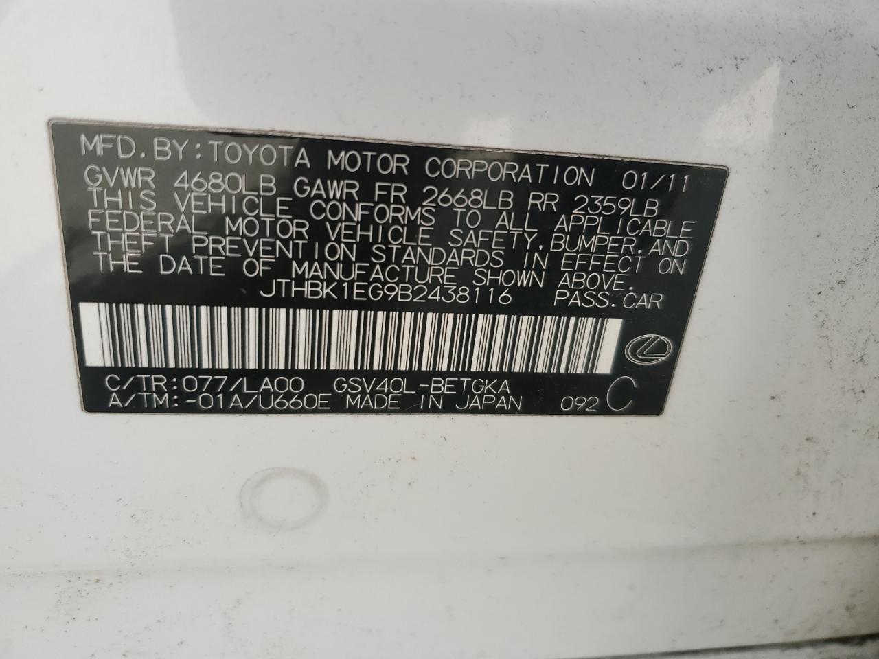 2011 Lexus Es 350 White vin: JTHBK1EG9B2438116
