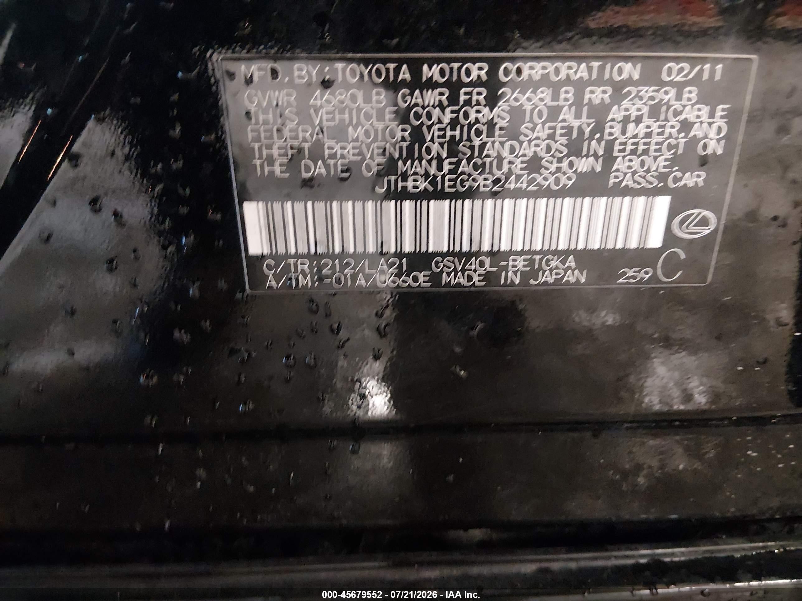 2011 Lexus Es 350   Black vin: JTHBK1EG9B2442909
