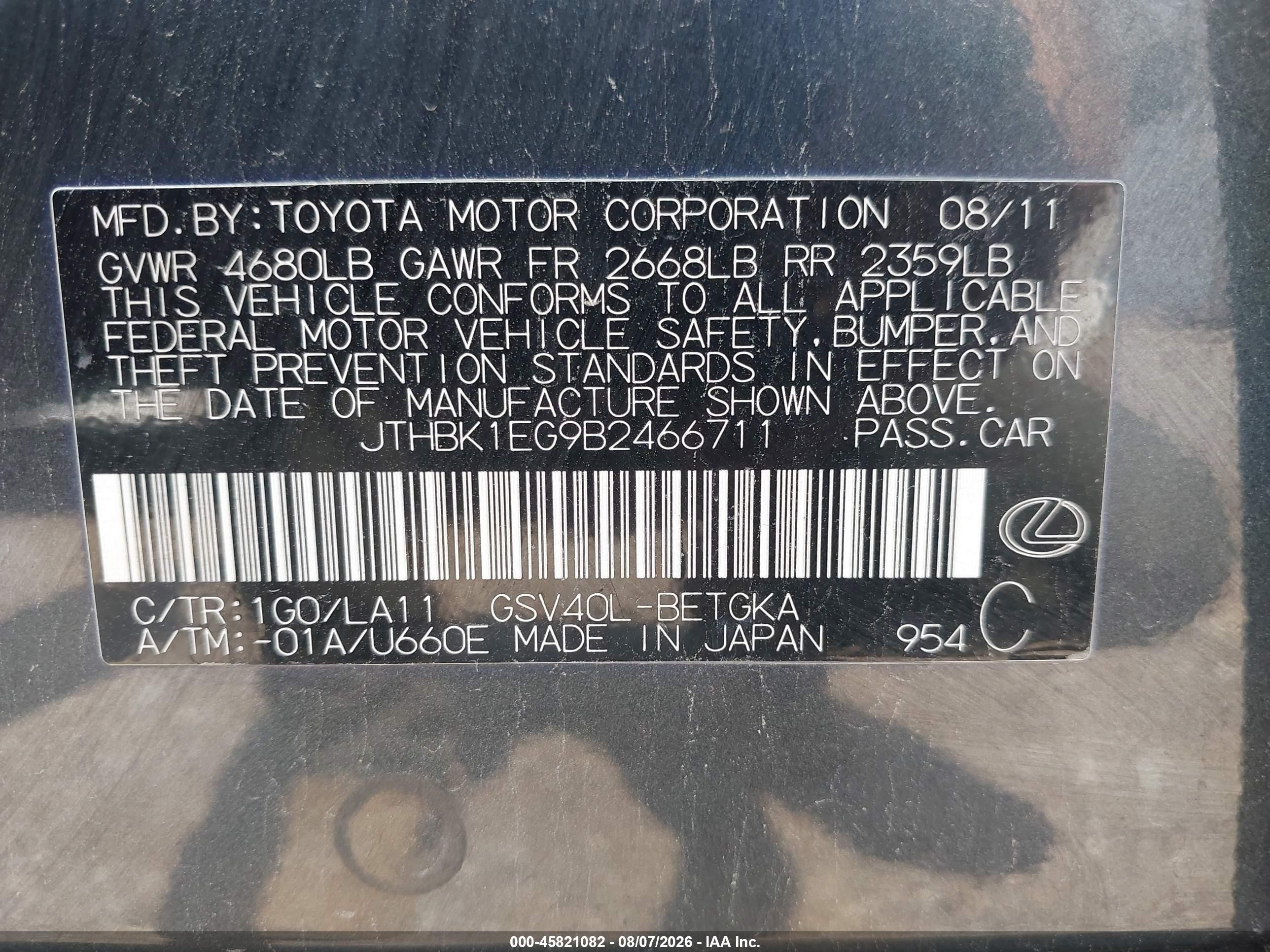 2011 Lexus Es 350   Gray vin: JTHBK1EG9B2466711