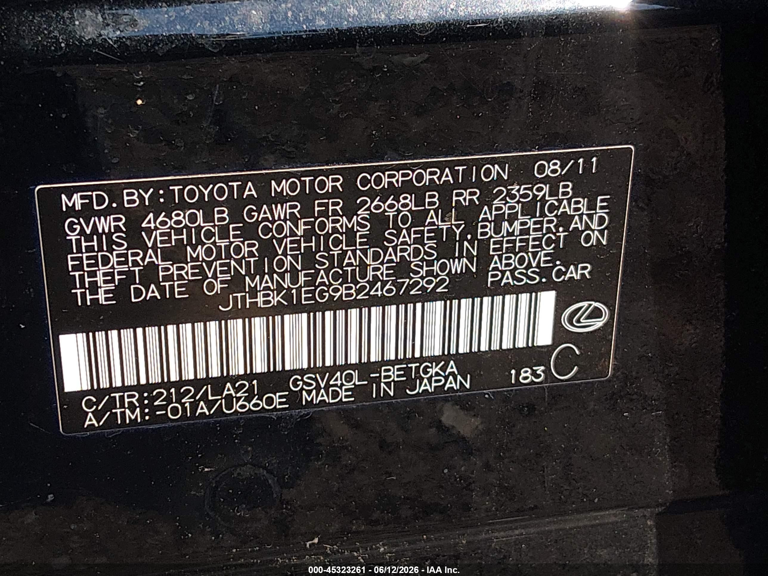2011 Lexus Es 350 Black vin: JTHBK1EG9B2467292