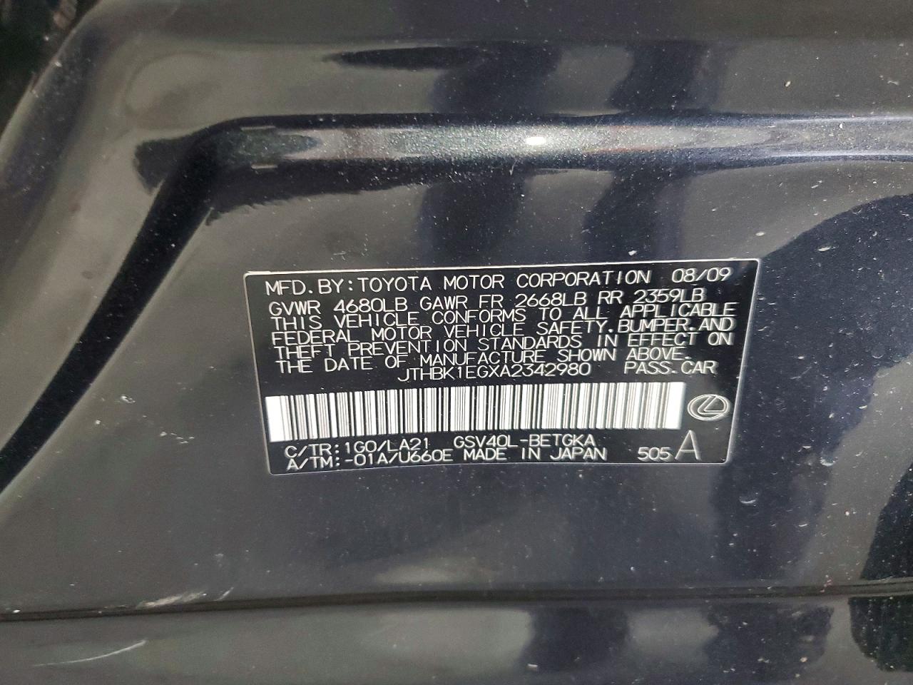 2010 Lexus Es 350 Black vin: JTHBK1EGXA2342980