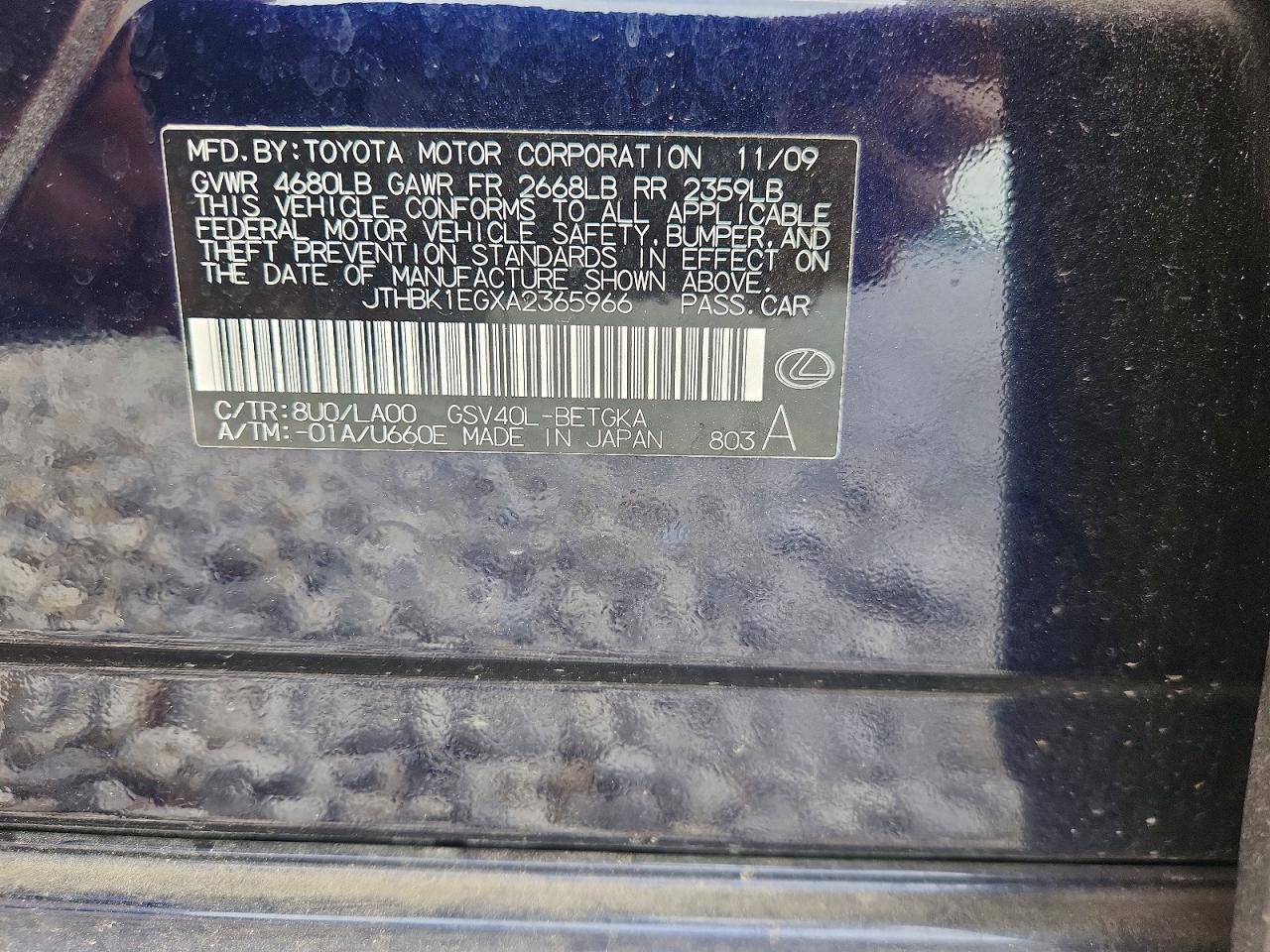 2010 Lexus Es 350 Blue vin: JTHBK1EGXA2365966