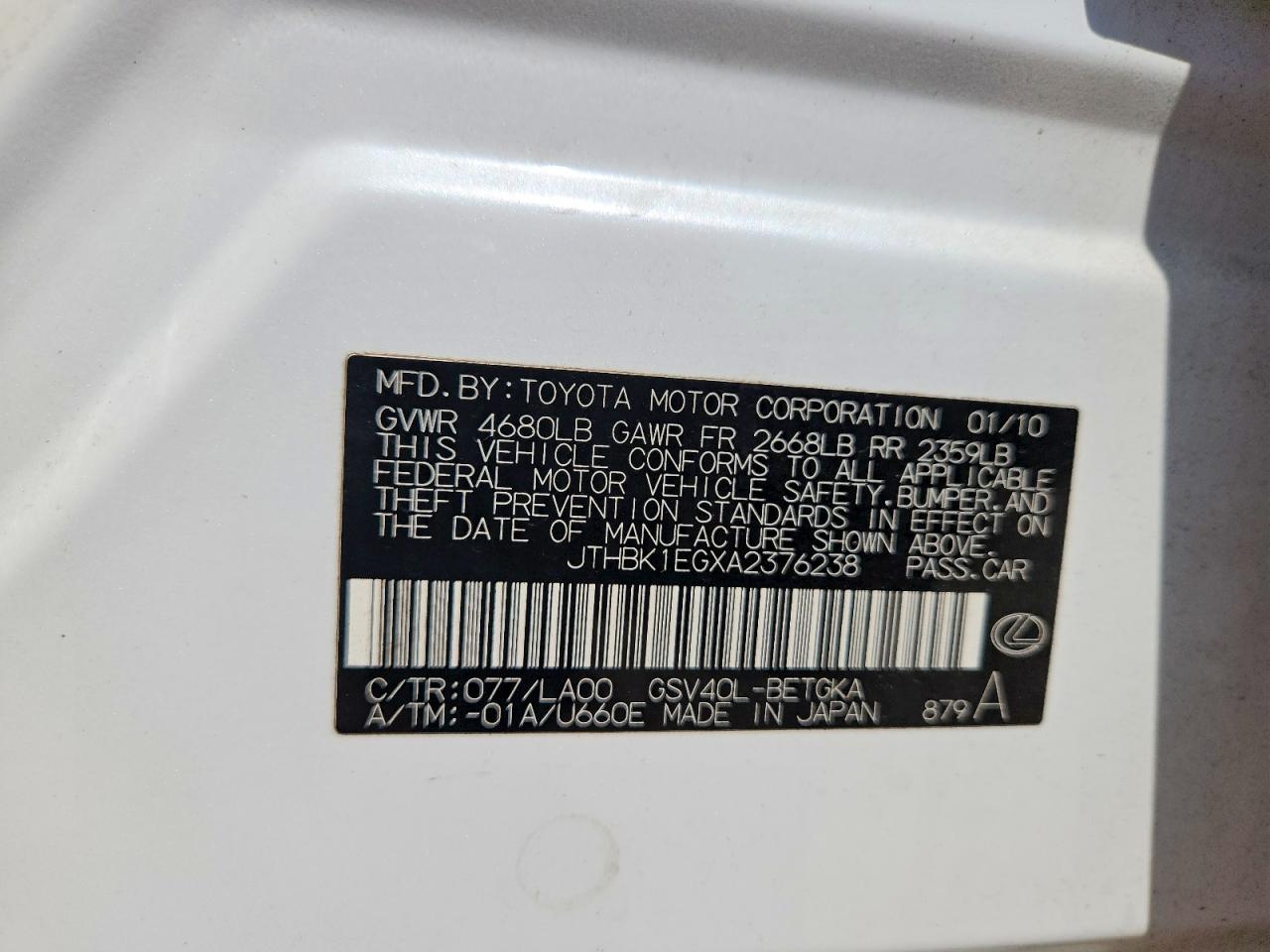 2010 Lexus Es 350 Белый vin: JTHBK1EGXA2376238