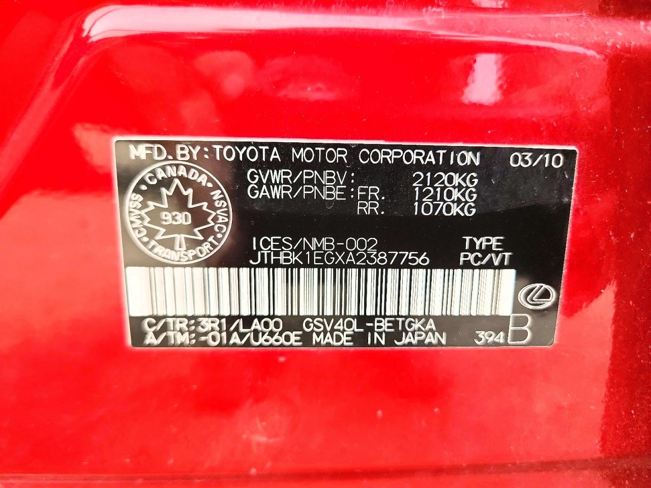 2010 Lexus Es 350 Red vin: JTHBK1EGXA2387756