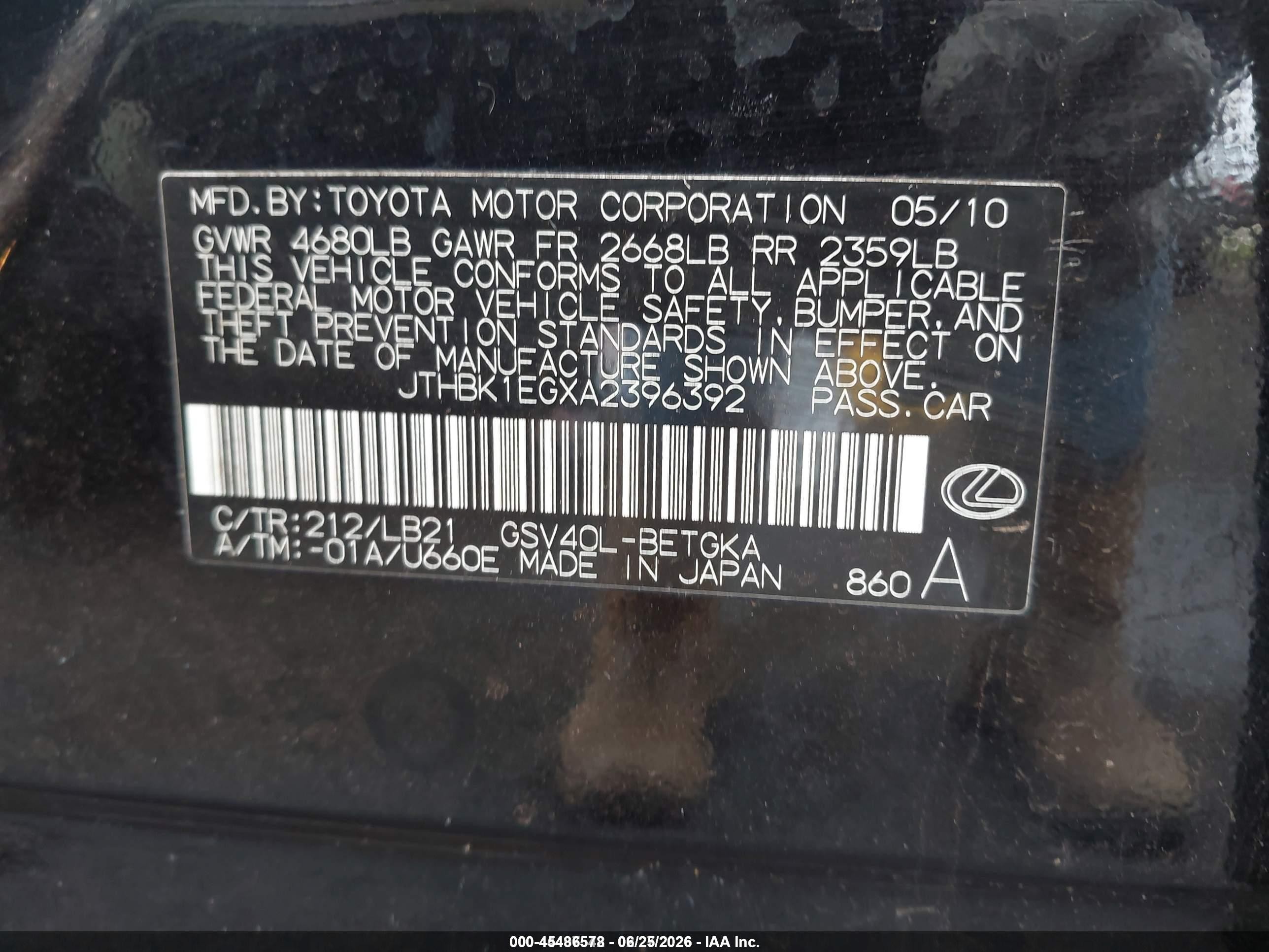 2010 Lexus Es 350   Черный vin: JTHBK1EGXA2396392