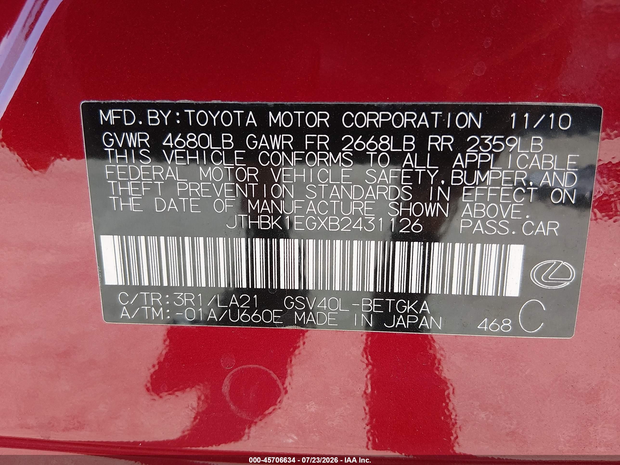 2011 Lexus Es 350 Red vin: JTHBK1EGXB2431126