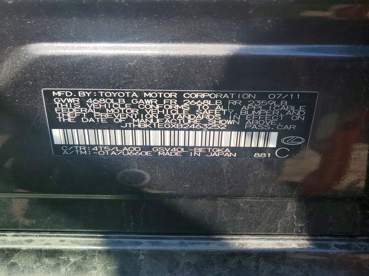 2011 Lexus Es 350 Черный vin: JTHBK1EGXB2463252