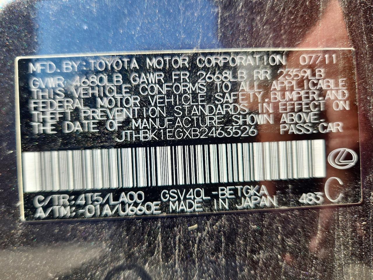 2011 Lexus Es 350 Gray vin: JTHBK1EGXB2463526