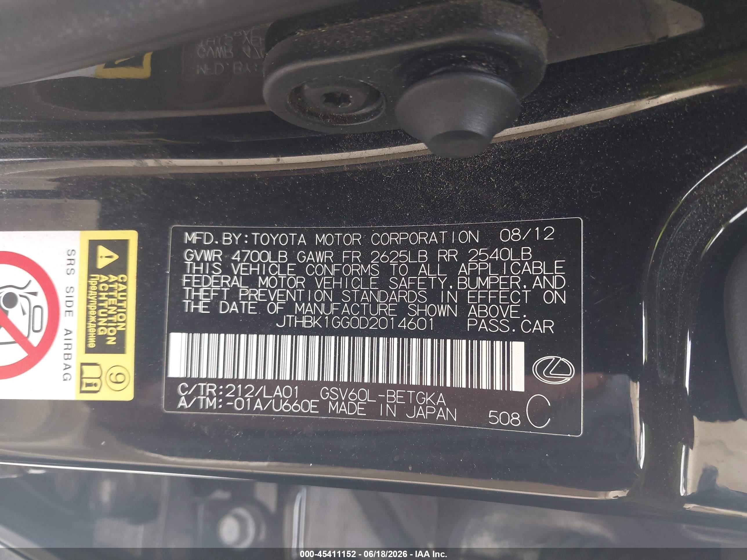 2013 Lexus Es 350   Black vin: JTHBK1GG0D2014601