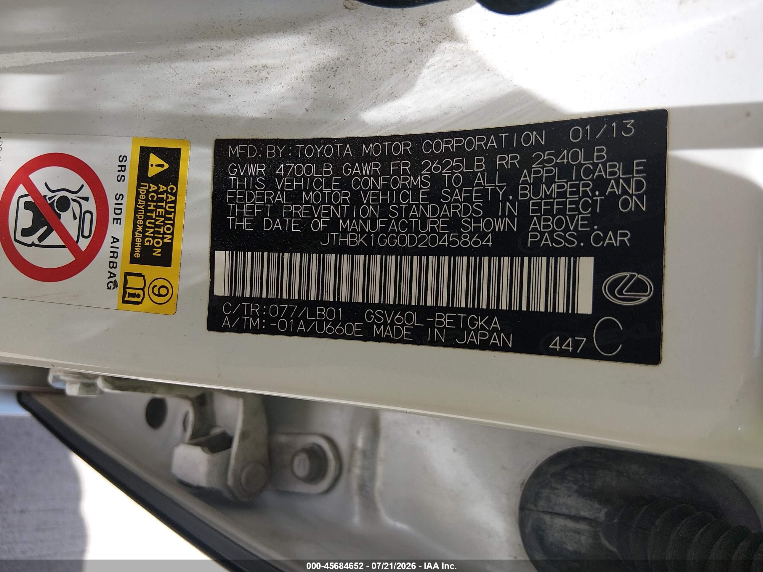 2013 Lexus Es 350   White vin: JTHBK1GG0D2045864