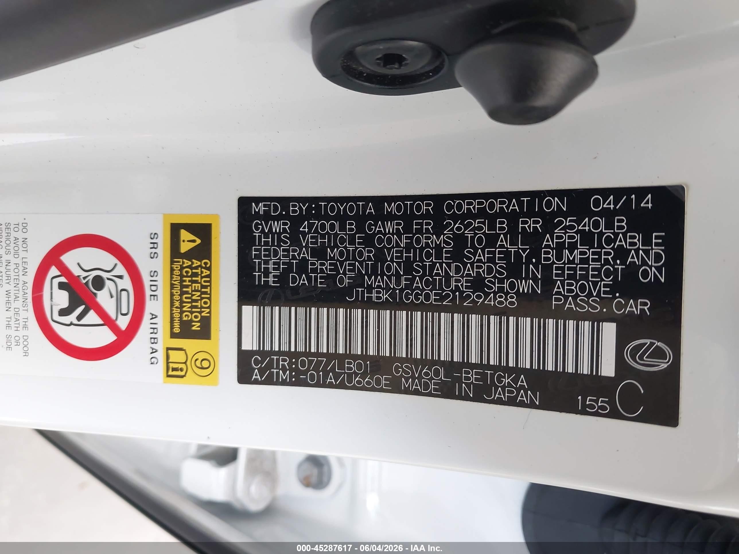 2014 Lexus Es 350 White vin: JTHBK1GG0E2129488