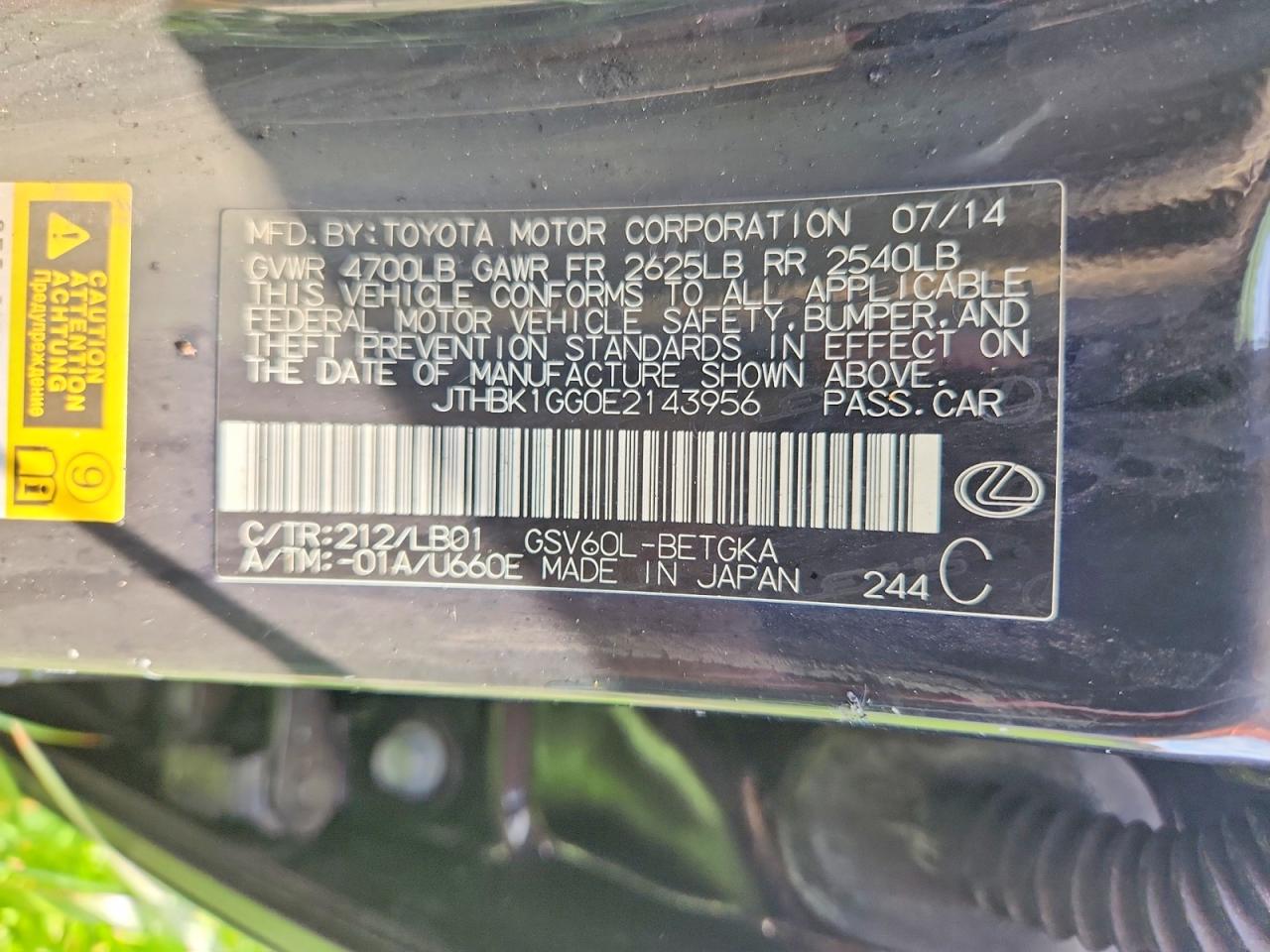 2014 Lexus Es 350 Base Black vin: JTHBK1GG0E2143956