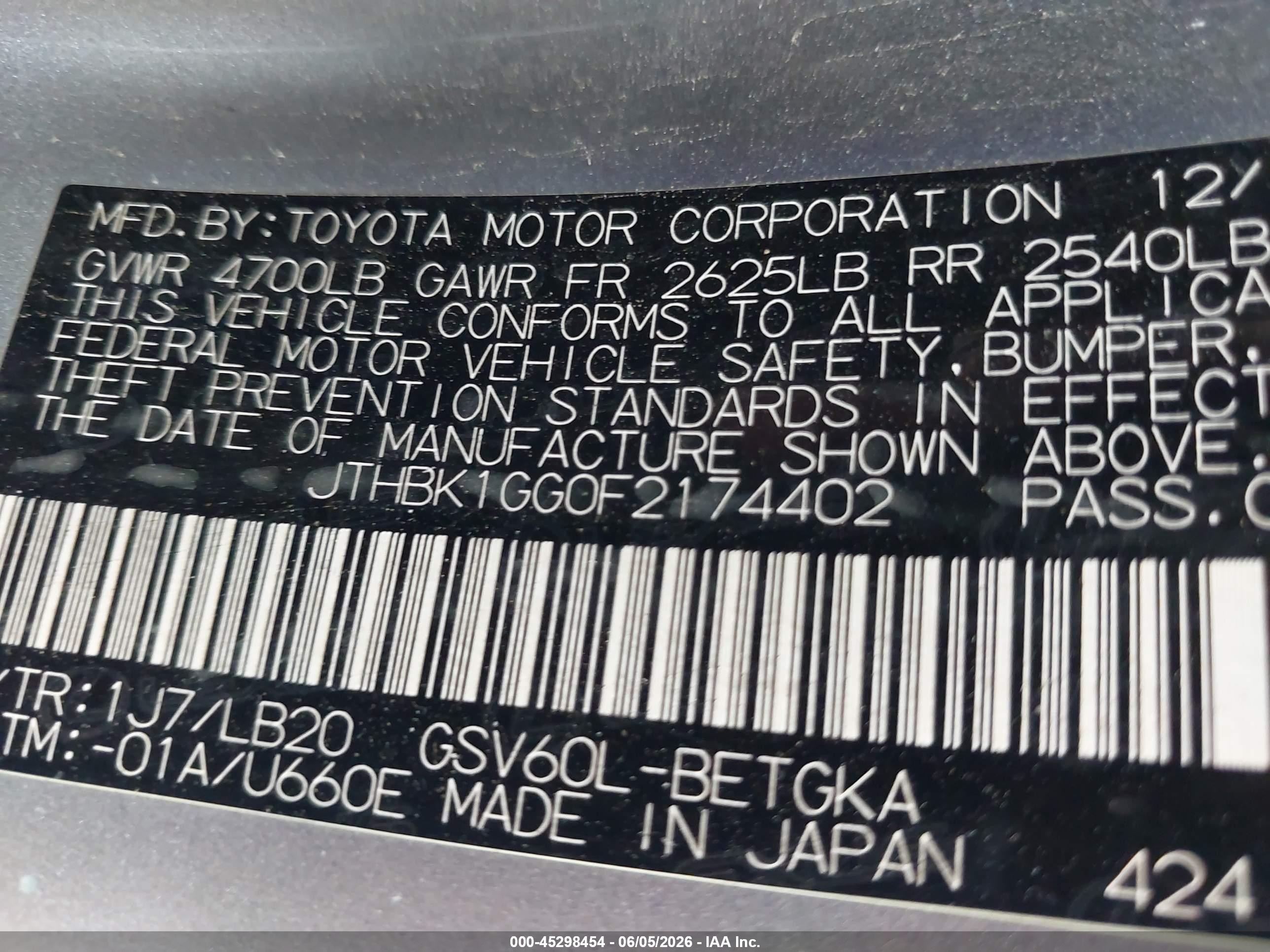 2015 Lexus Es 350 Crafted Line Gray vin: JTHBK1GG0F2174402