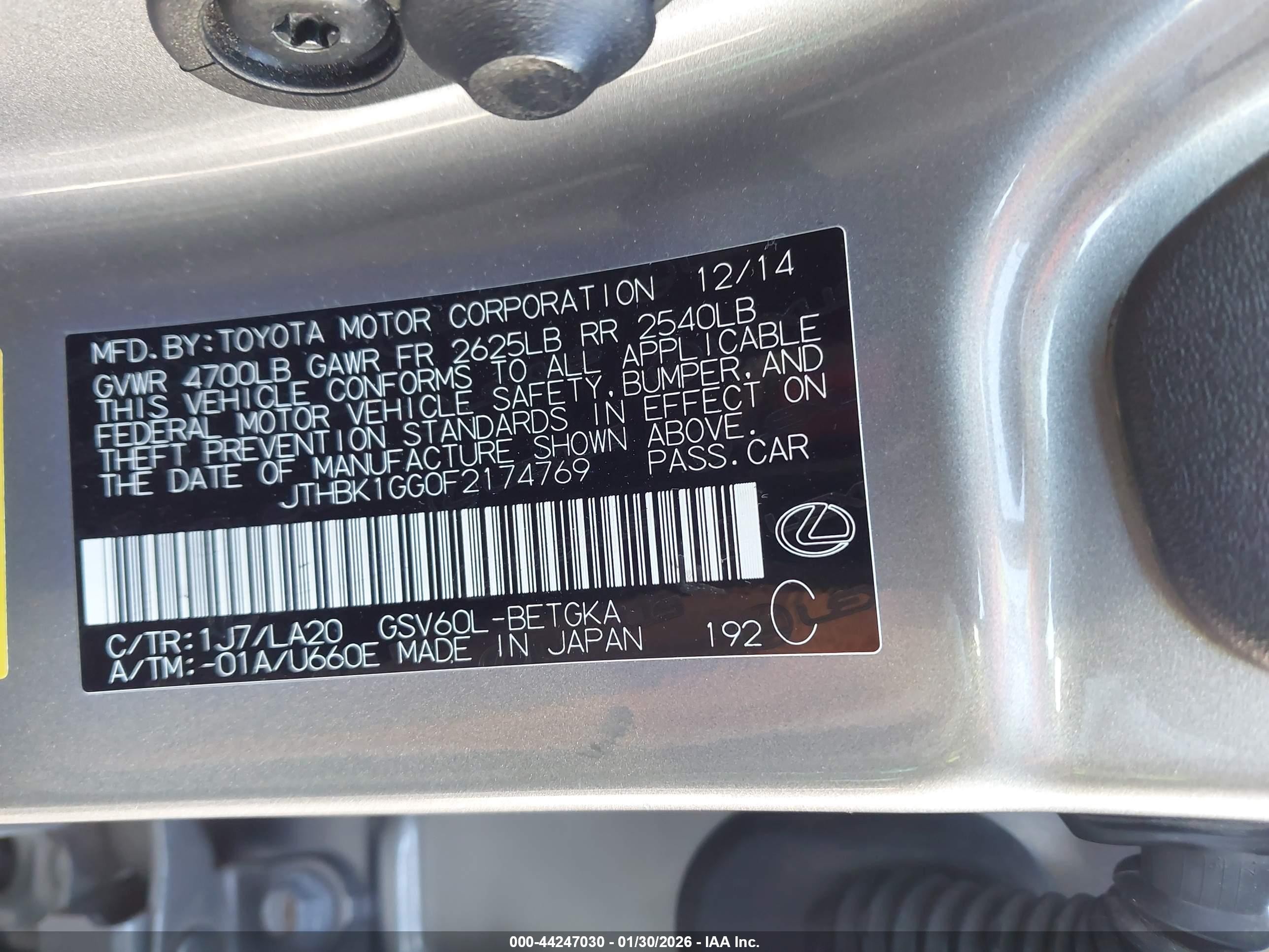 2015 Lexus Es 350   Silver vin: JTHBK1GG0F2174769