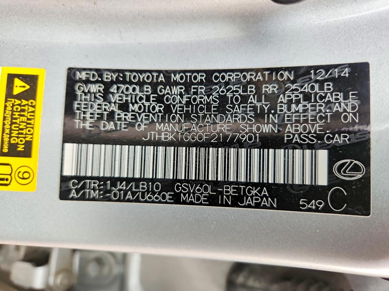 2015 Lexus Es 350 Silver vin: JTHBK1GG0F2177901