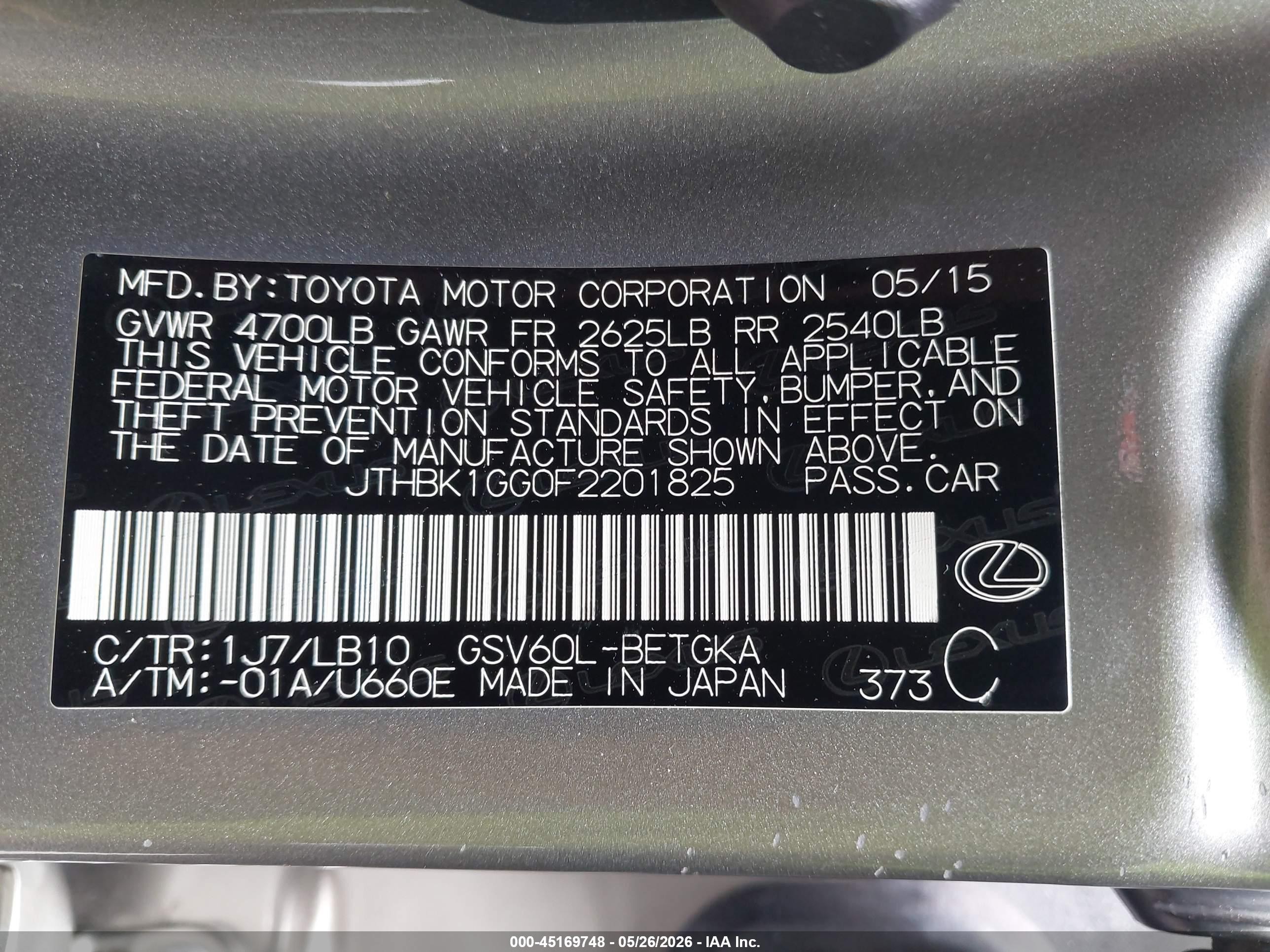 2015 Lexus Es 350 Gray vin: JTHBK1GG0F2201825