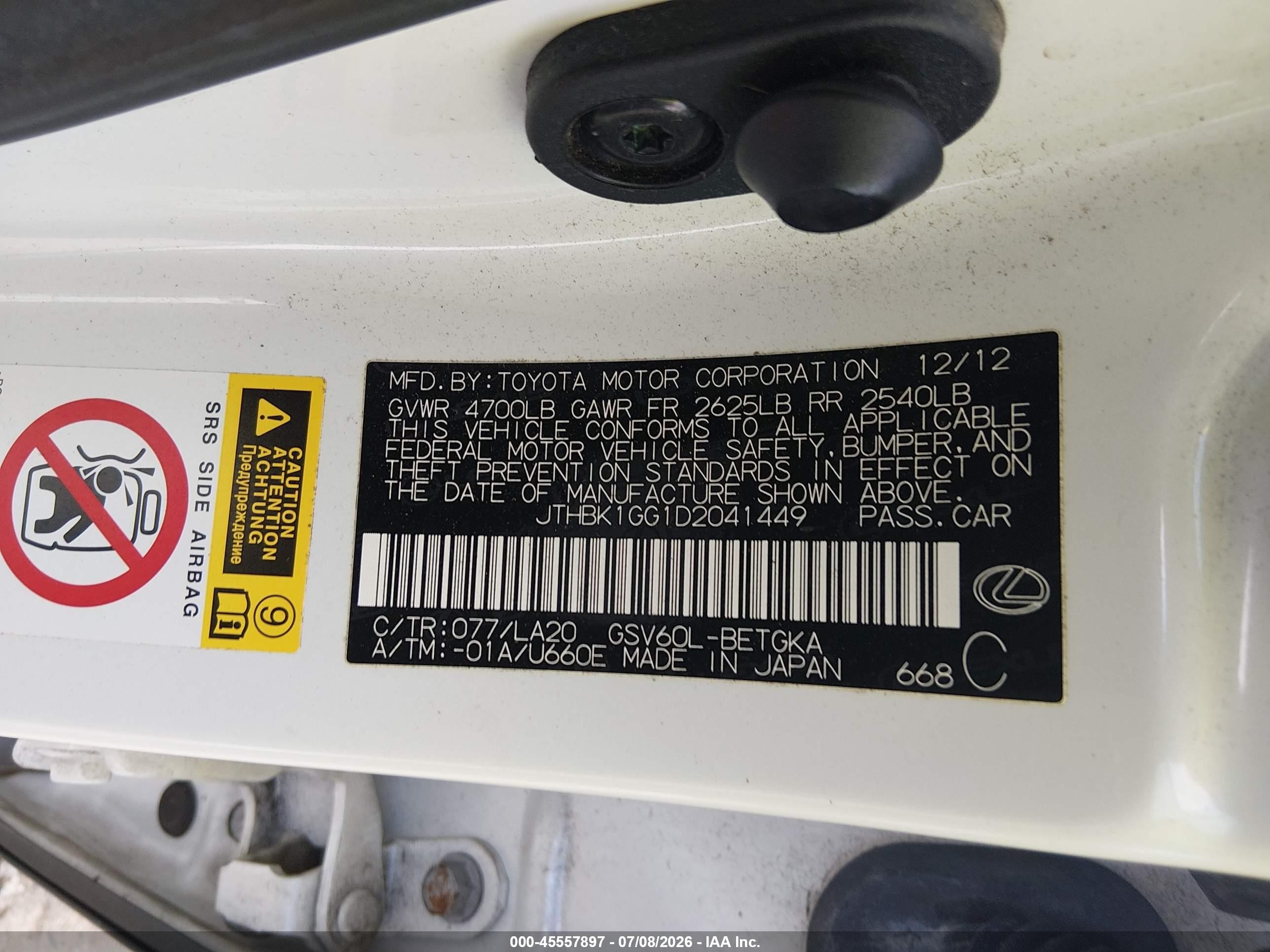 2013 Lexus Es 350   White vin: JTHBK1GG1D2041449