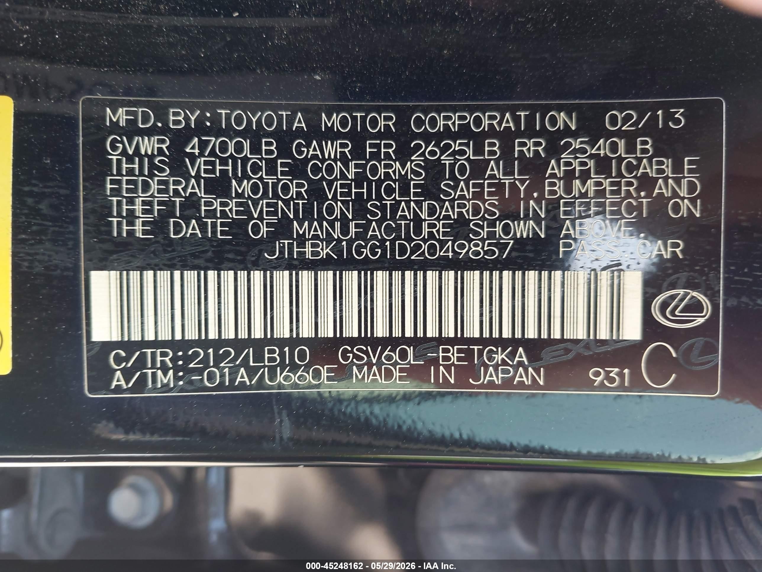 2013 Lexus Es 350   Black vin: JTHBK1GG1D2049857