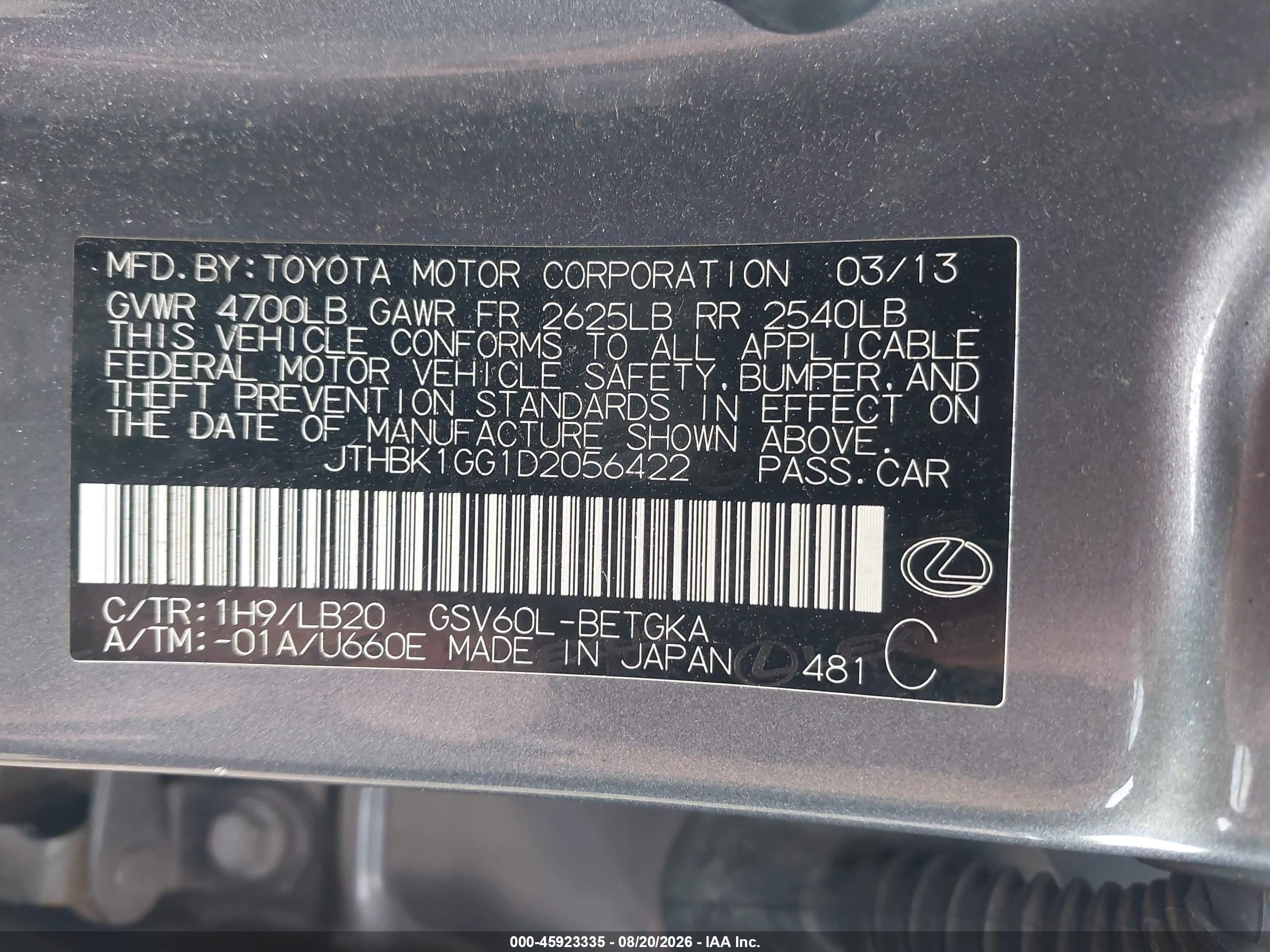 2013 Lexus Es 350   Gray vin: JTHBK1GG1D2056422