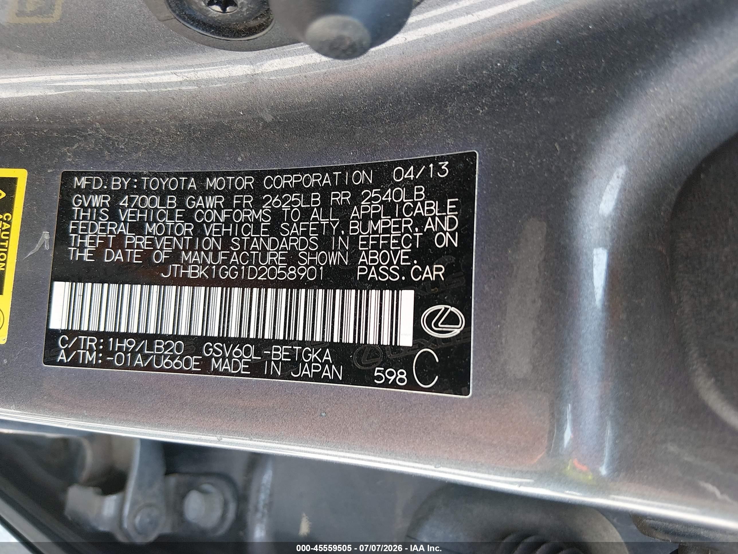 2013 Lexus Es 350   Gray vin: JTHBK1GG1D2058901