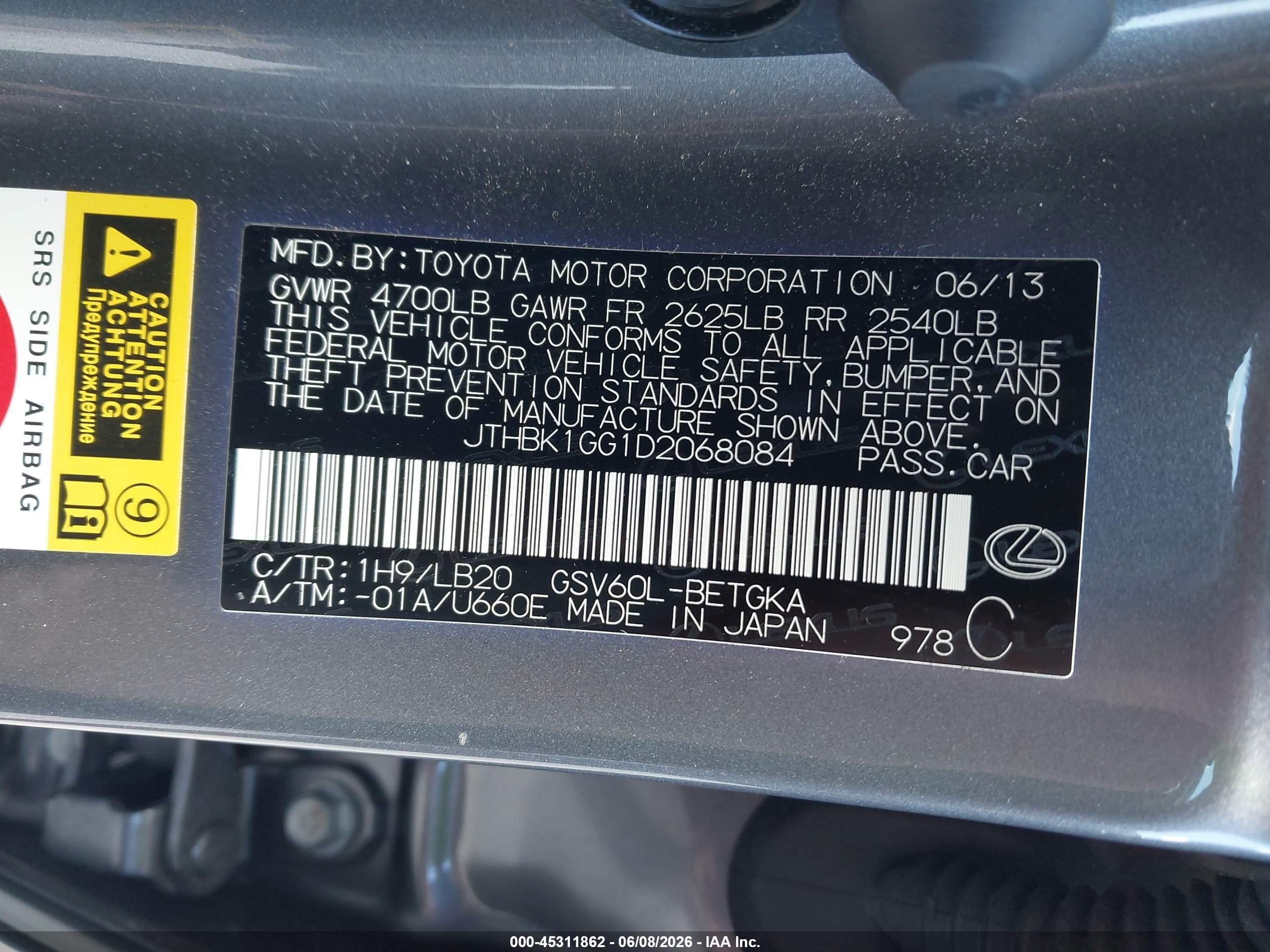 2013 Lexus Es 350   Gray vin: JTHBK1GG1D2068084