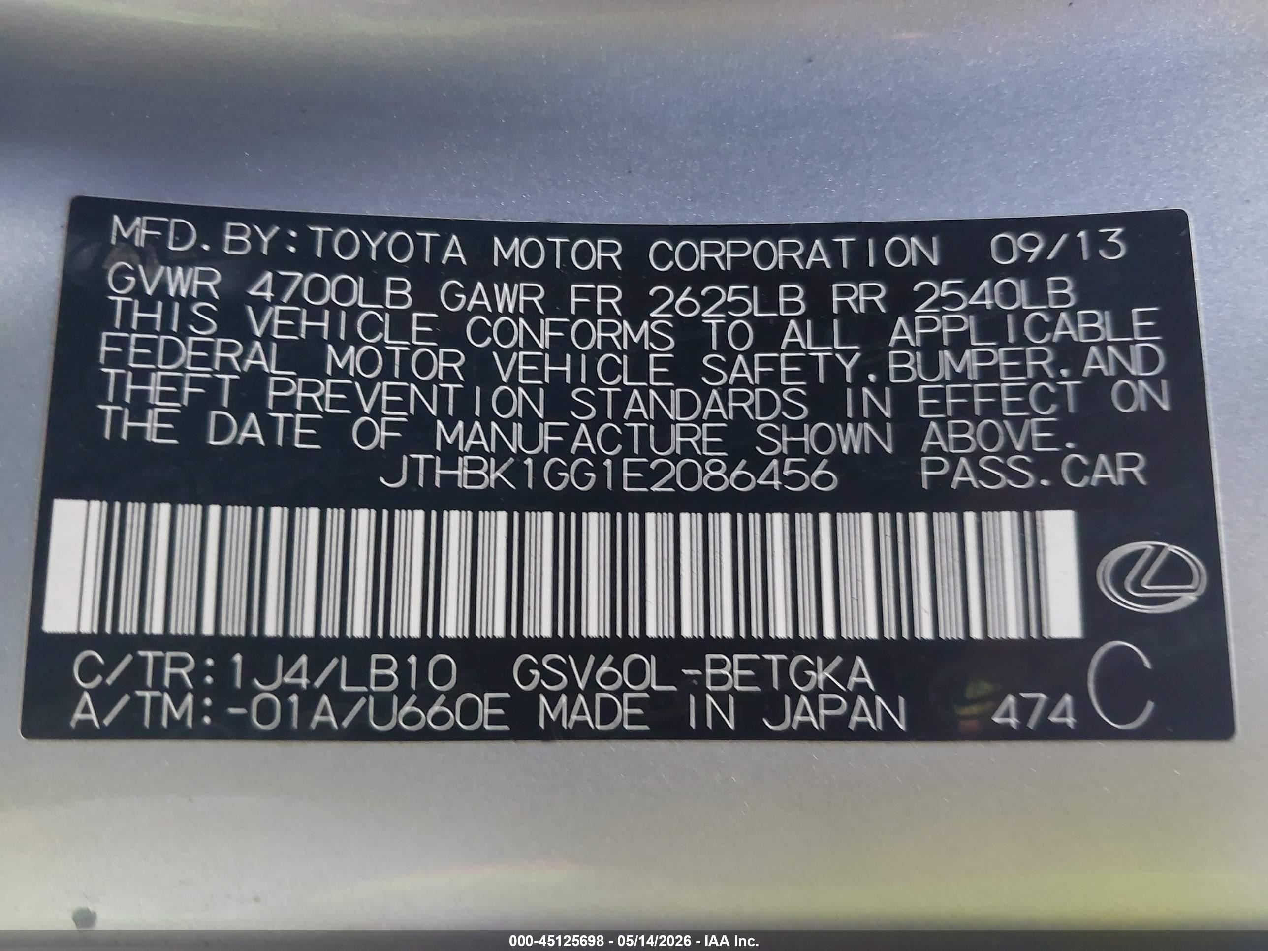 2014 Lexus Es 350   Silver vin: JTHBK1GG1E2086456
