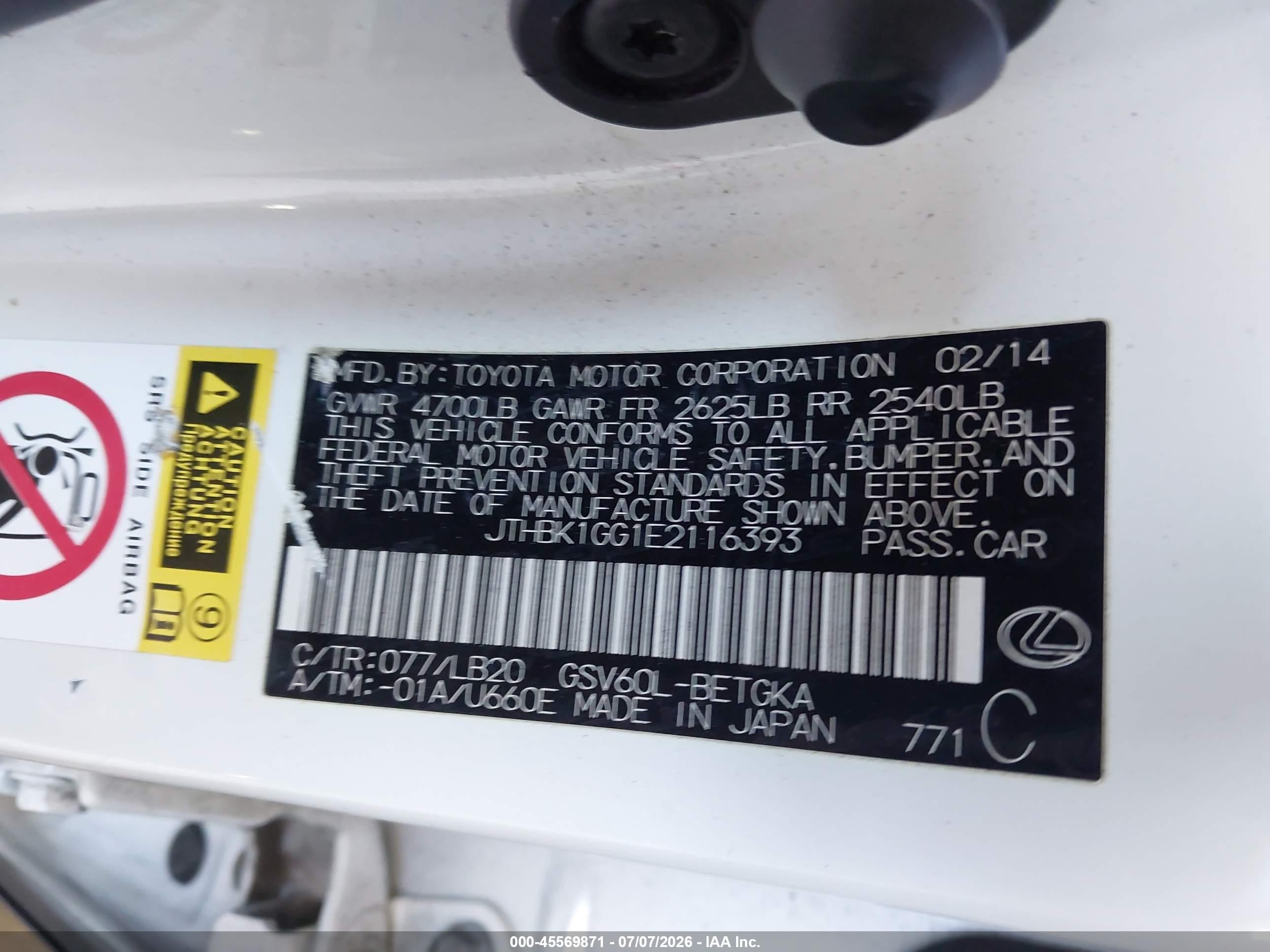 2014 Lexus Es 350   White vin: JTHBK1GG1E2116393