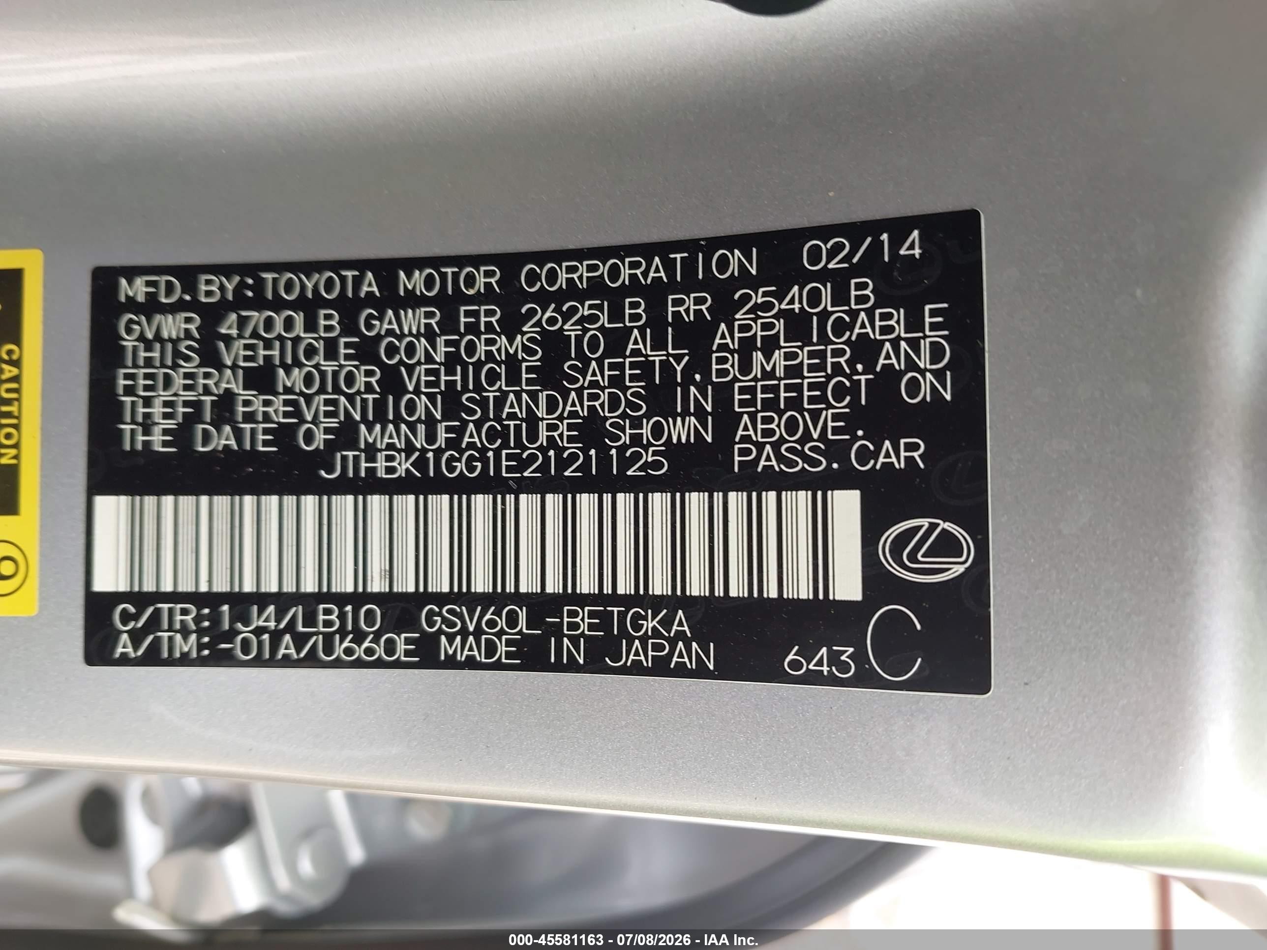 2014 Lexus Es 350   Silver vin: JTHBK1GG1E2121125
