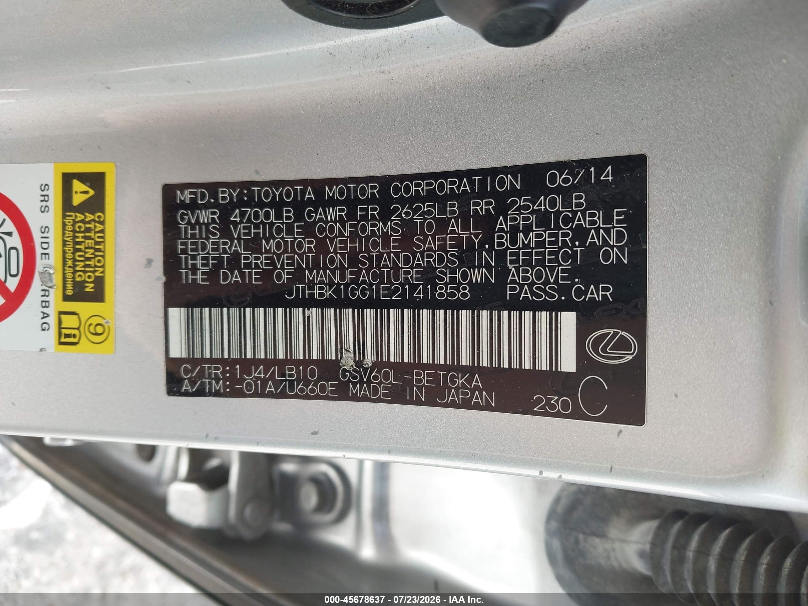 2014 Lexus Es 350   Silver vin: JTHBK1GG1E2141858