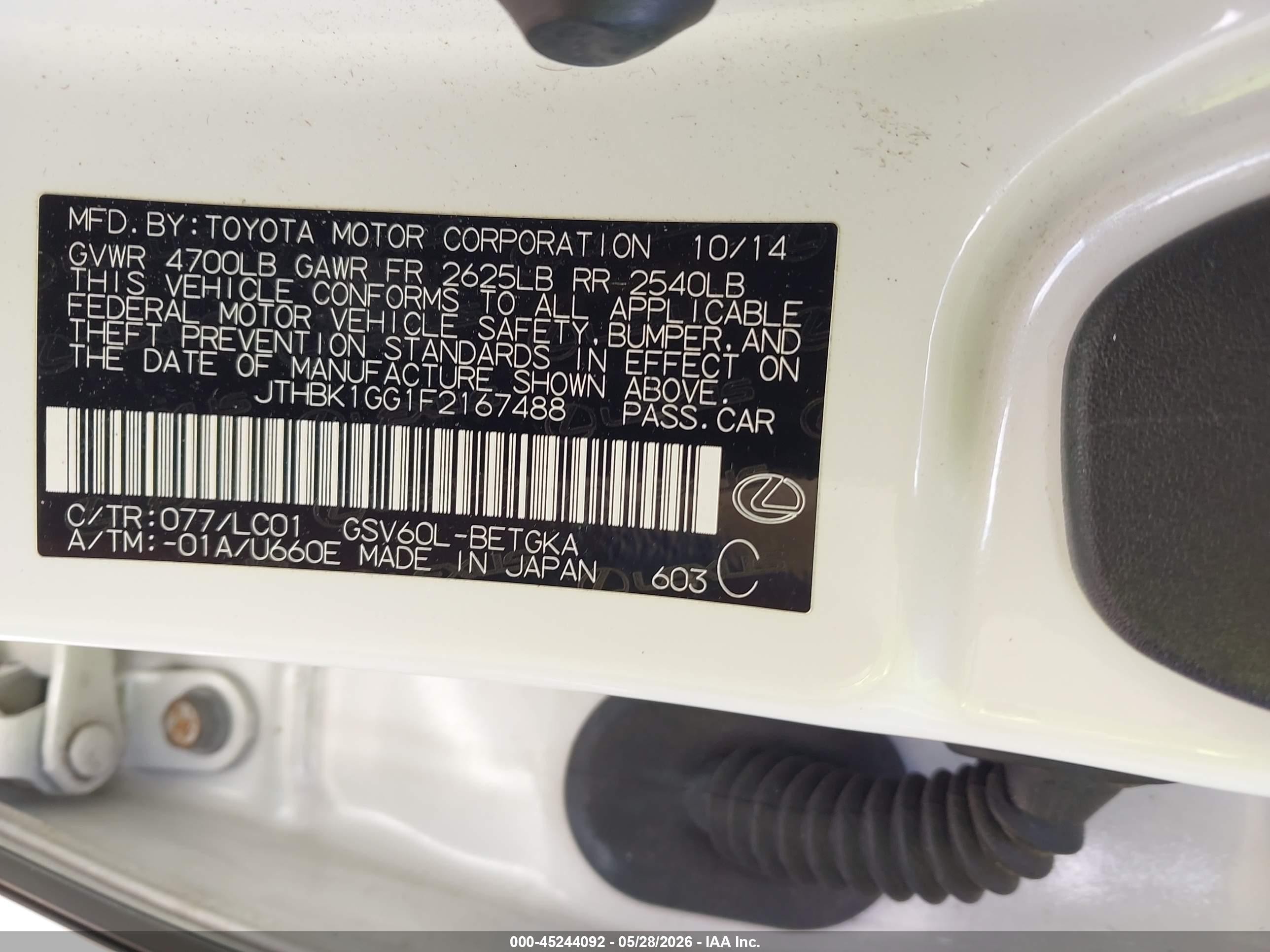 2015 Lexus Es 350   White vin: JTHBK1GG1F2167488