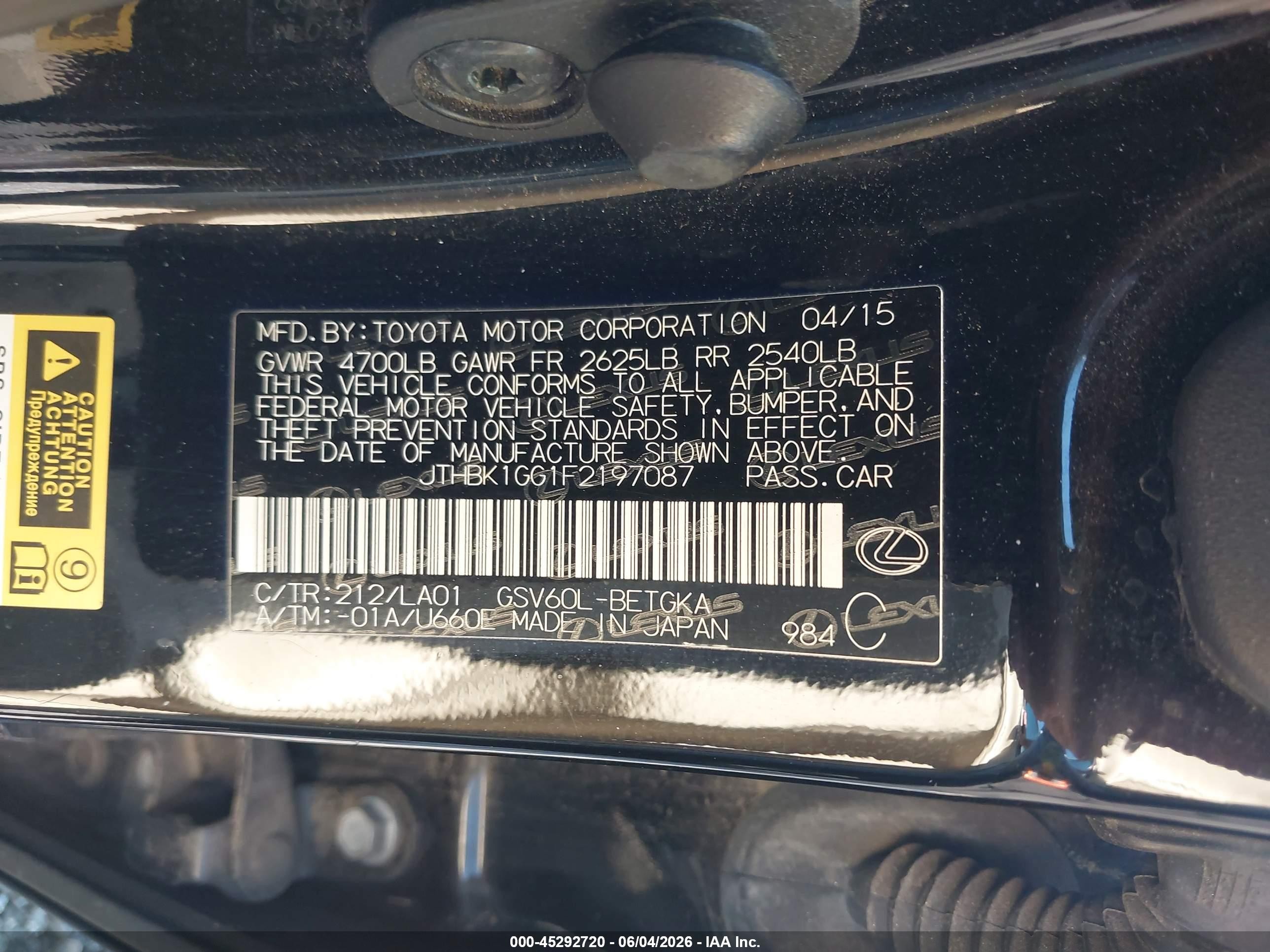 2015 Lexus Es 350   Black vin: JTHBK1GG1F2197087