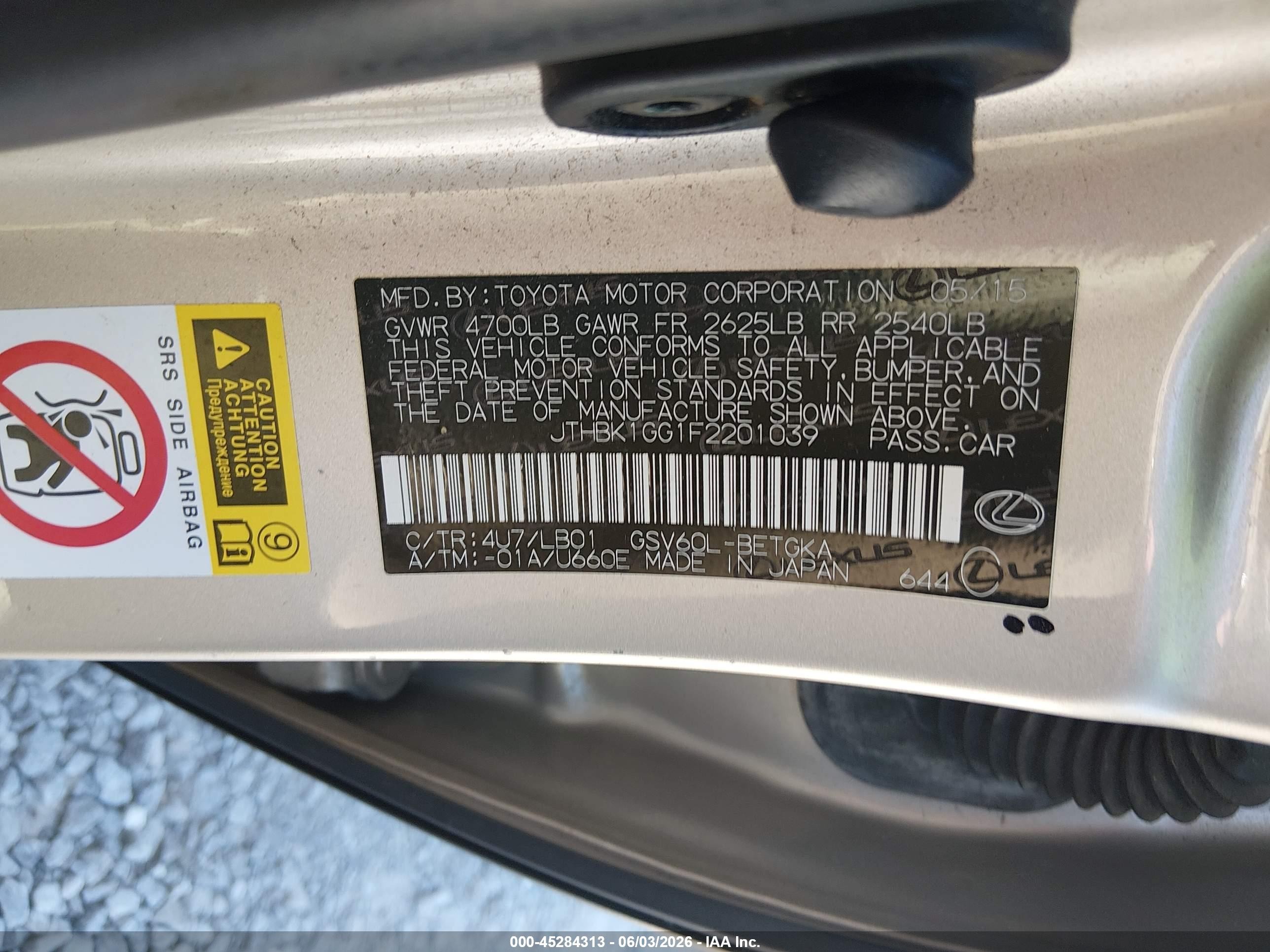2015 Lexus Es 350 Gold vin: JTHBK1GG1F2201039
