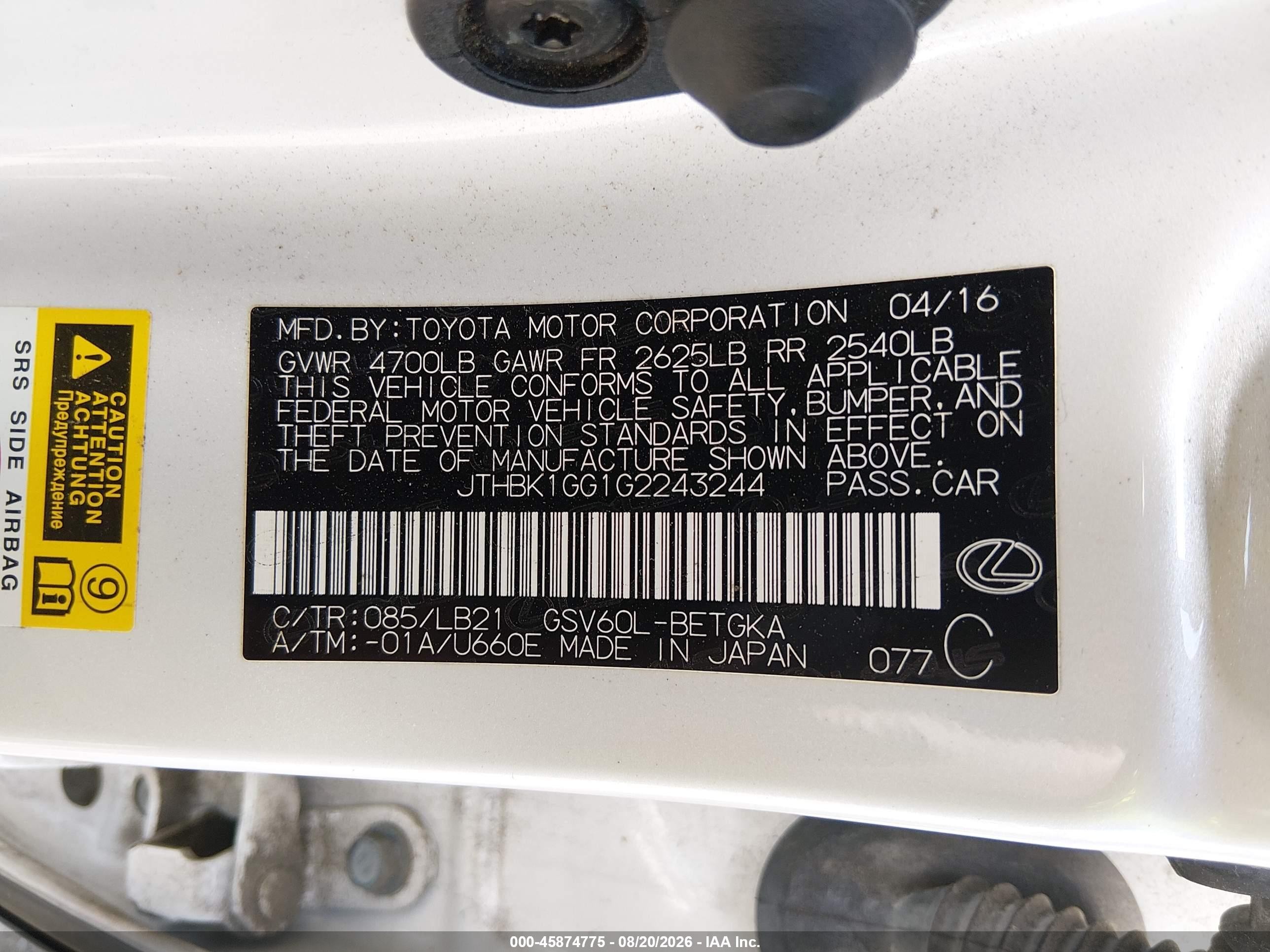 2016 Lexus Es 350   White vin: JTHBK1GG1G2243244