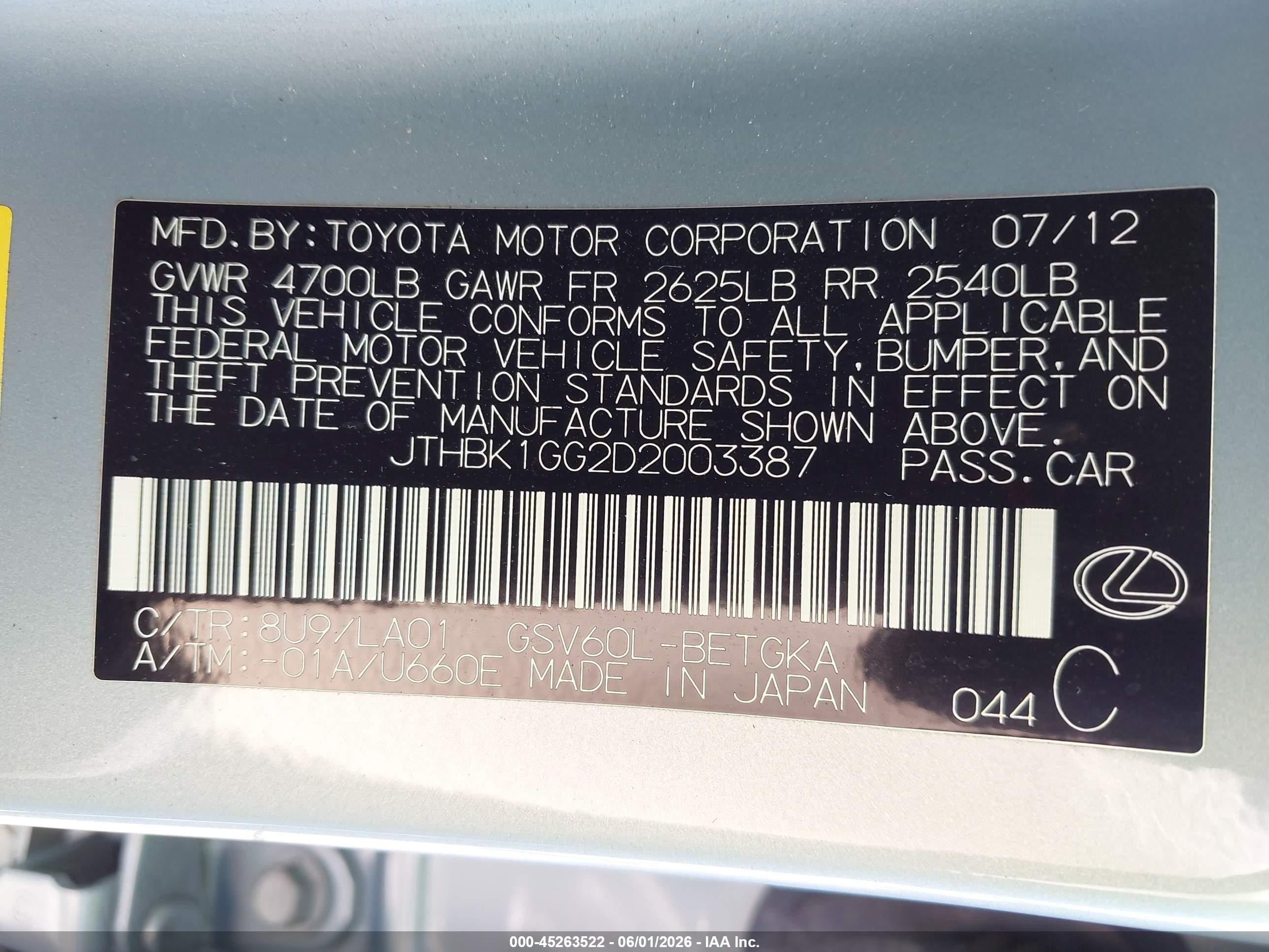 2013 Lexus Es 350 Light Blue vin: JTHBK1GG2D2003387