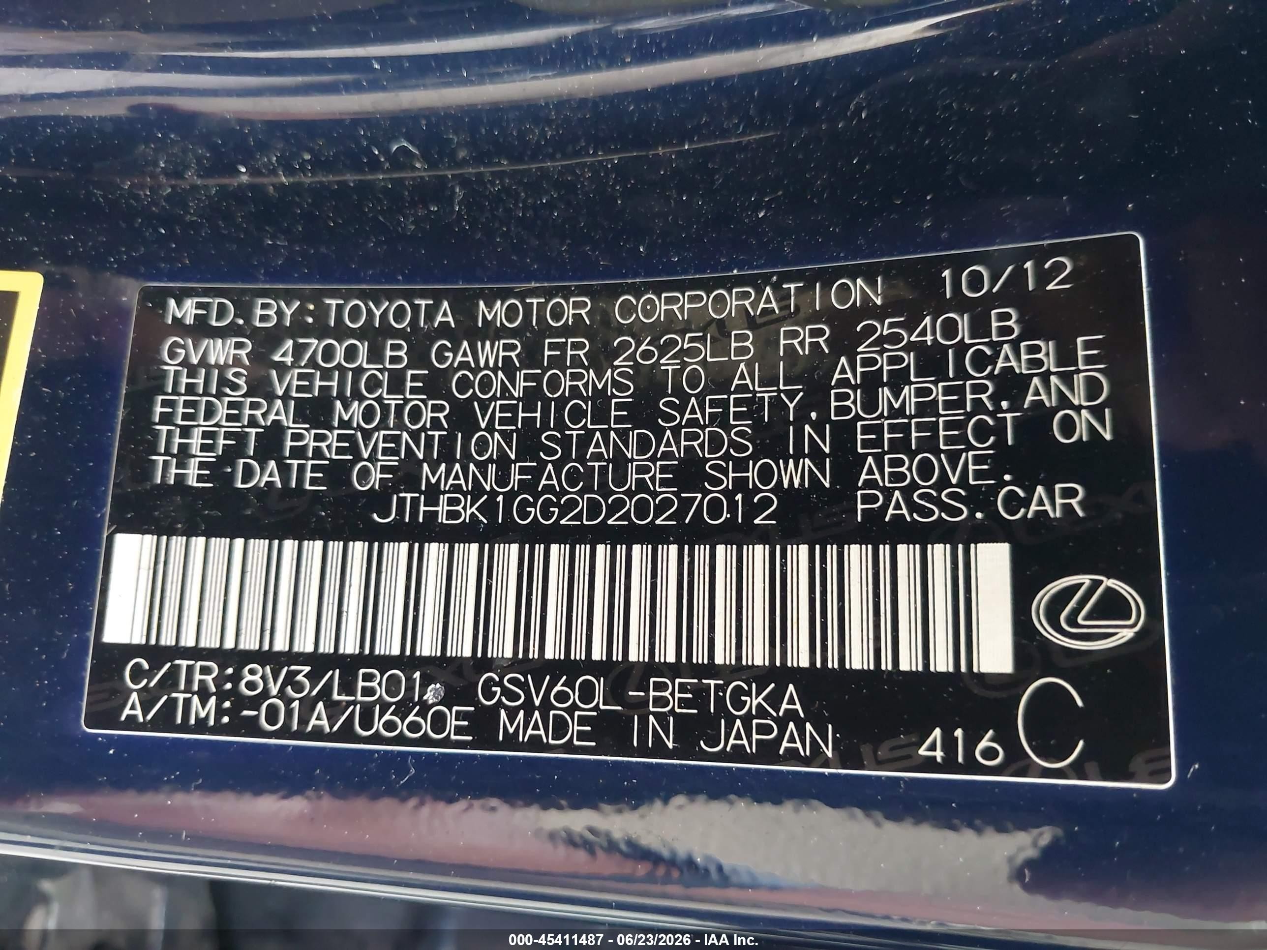 2013 Lexus Es 350   Blue vin: JTHBK1GG2D2027012