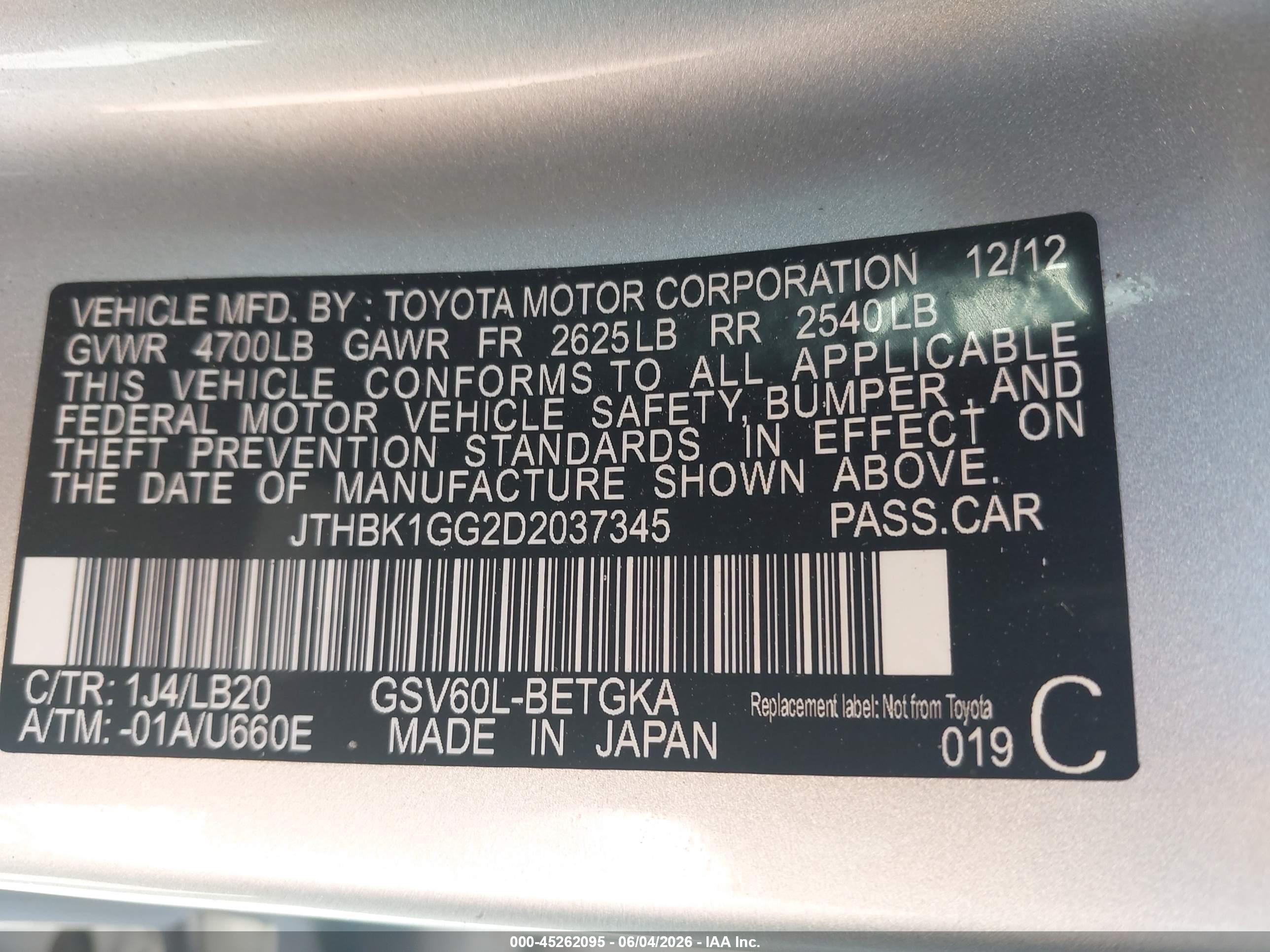 2013 Lexus Es 350 White vin: JTHBK1GG2D2037345
