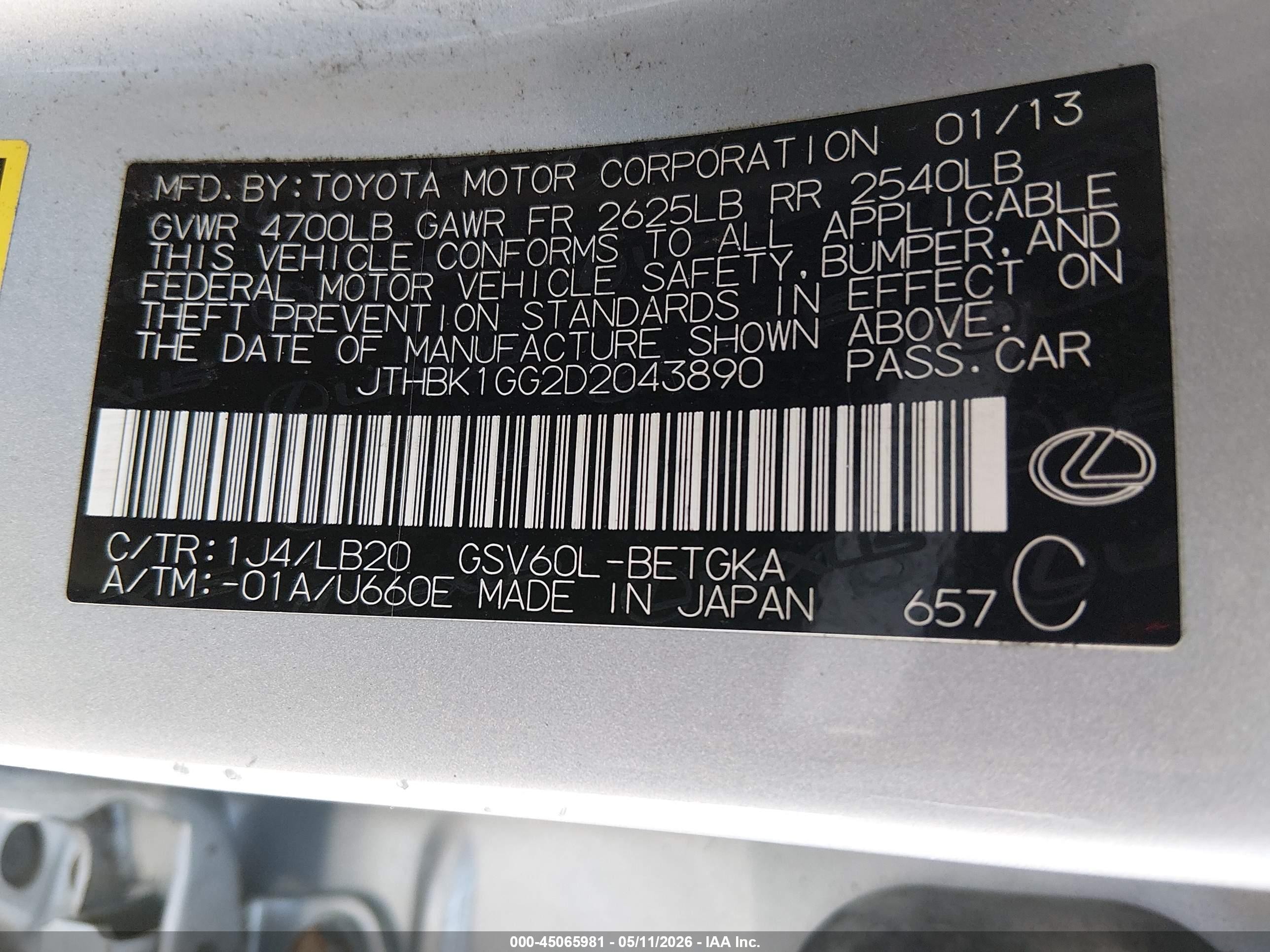2013 Lexus Es 350   Silver vin: JTHBK1GG2D2043890