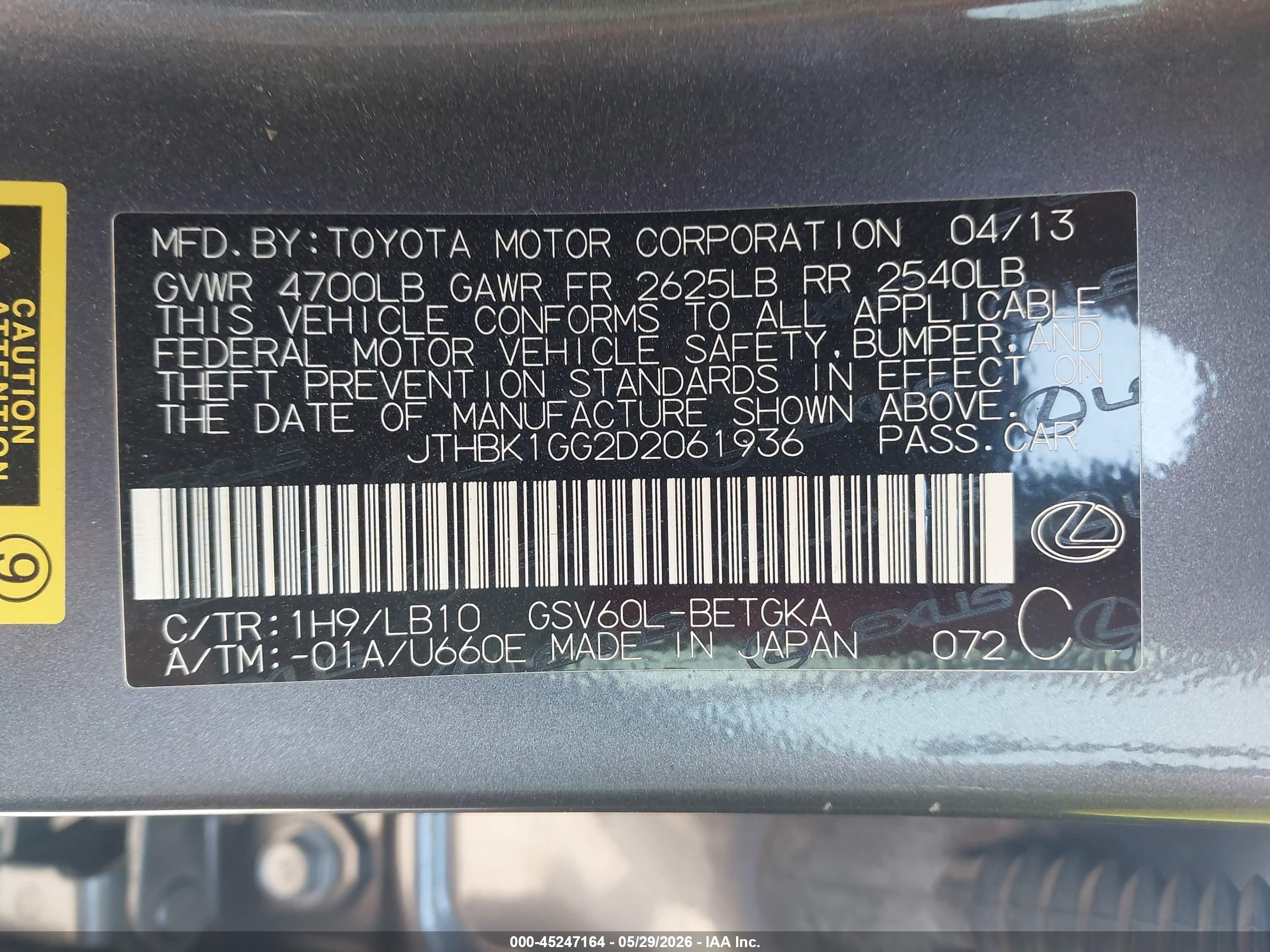 2013 Lexus Es 350   Black vin: JTHBK1GG2D2061936