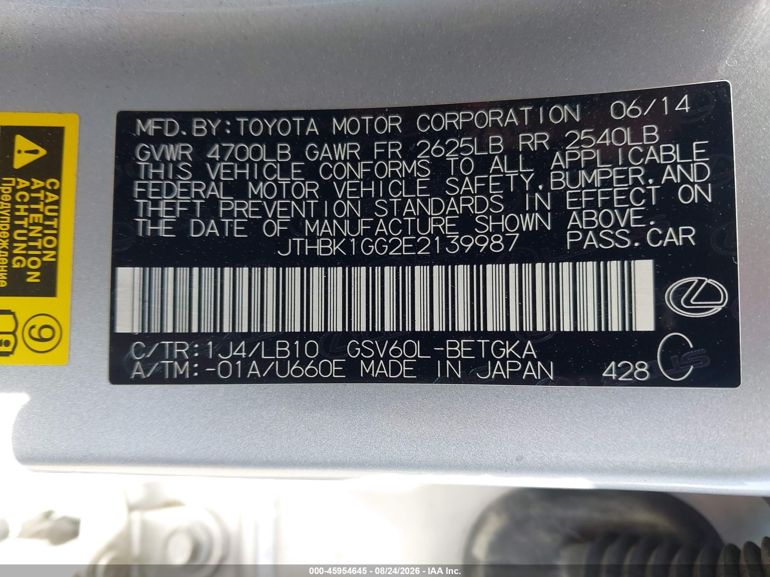 2014 Lexus Es 350 Silver vin: JTHBK1GG2E2139987