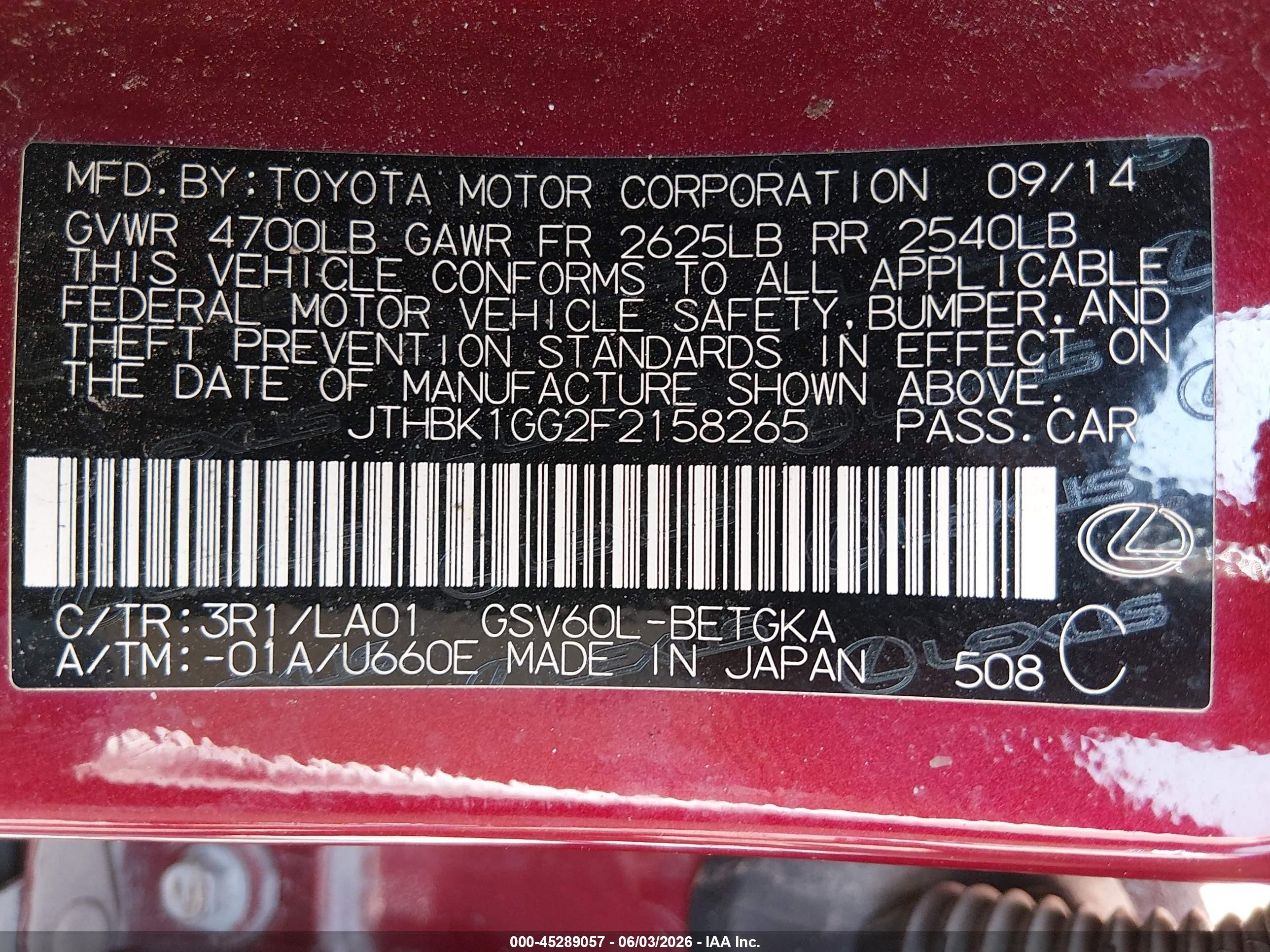 2015 Lexus Es 350   Red vin: JTHBK1GG2F2158265